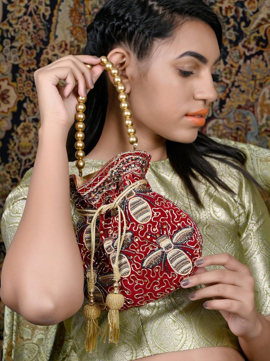 

ODETTE Embellished Potli Clutch With Wrist Loop, Maroon