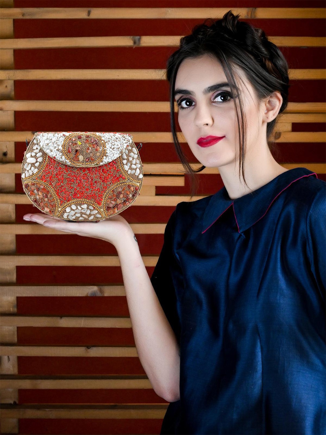 ODETTE Embellished Half Moon Clutch, Gold