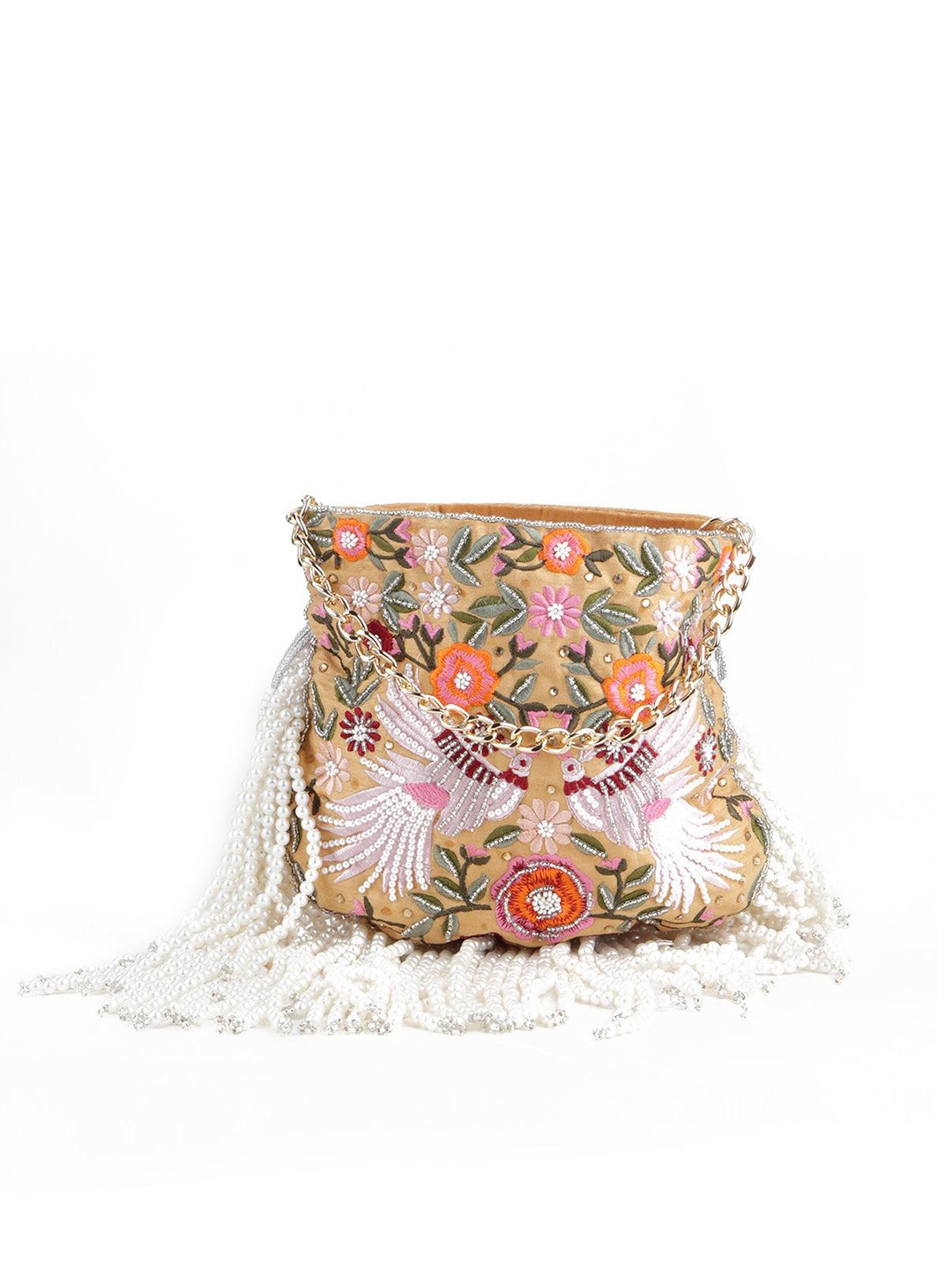 

ODETTE Floral Embroiderd Beaded Wrist Potli Clutch, Beige