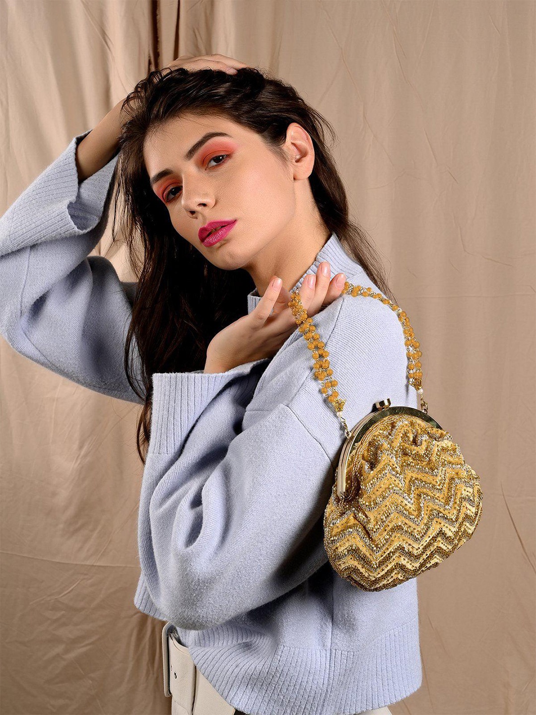 

ODETTE Chevron Embellished Wrist Loop Purse Clutch, Yellow