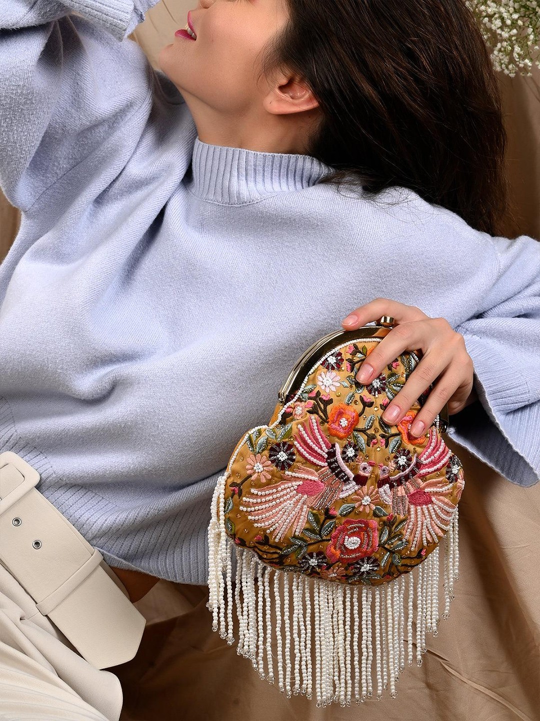 

ODETTE Embroidered Potli Clutch, Beige