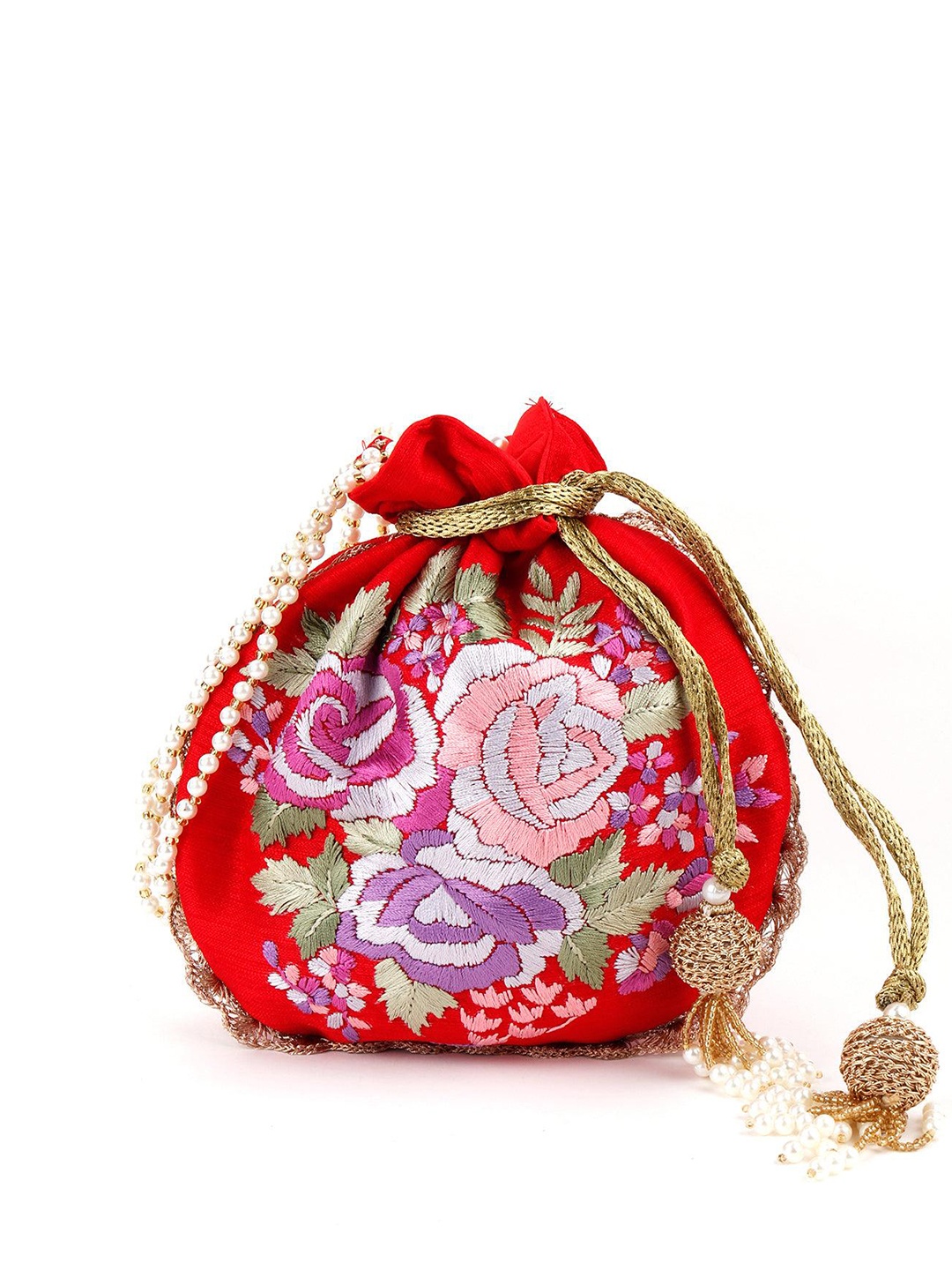 

ODETTE Embroidered Potli Clutch, Red