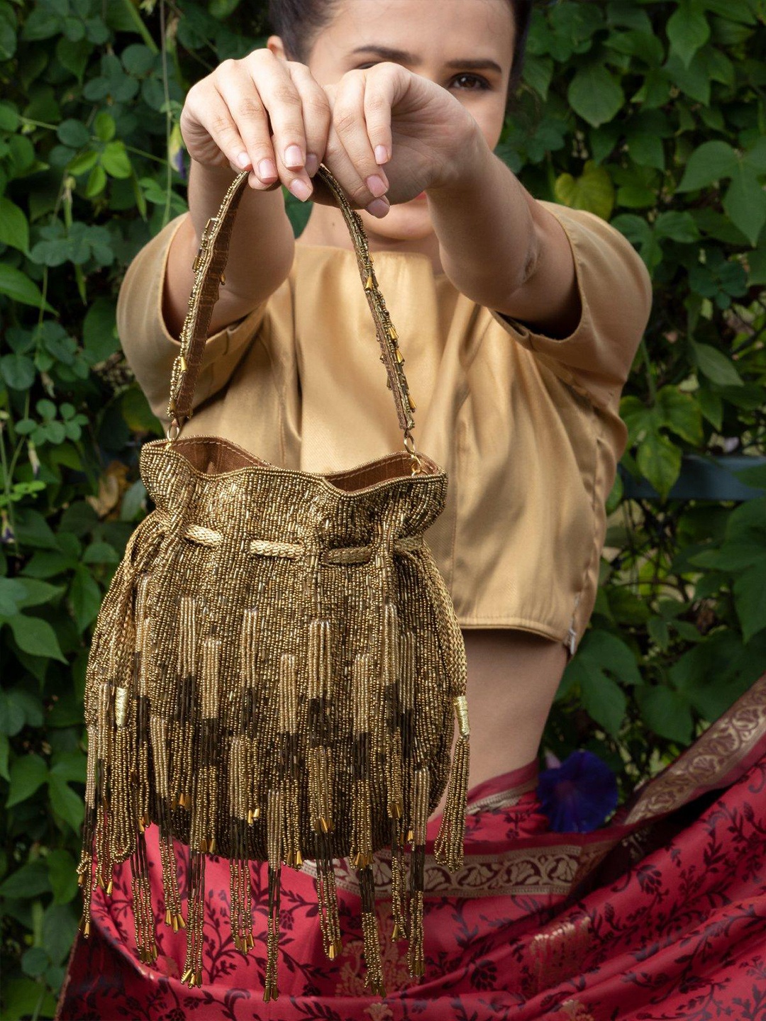 

ODETTE Embellished Tasselled Potli Clutch, Brown