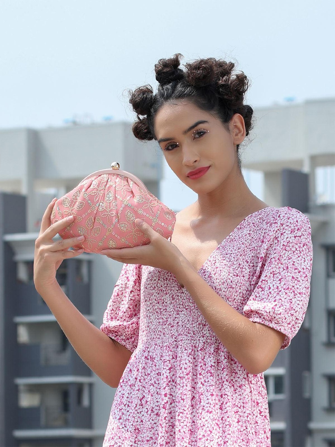 ODETTE Embellished Half Moon Clutch With Wrist Loop, Pink