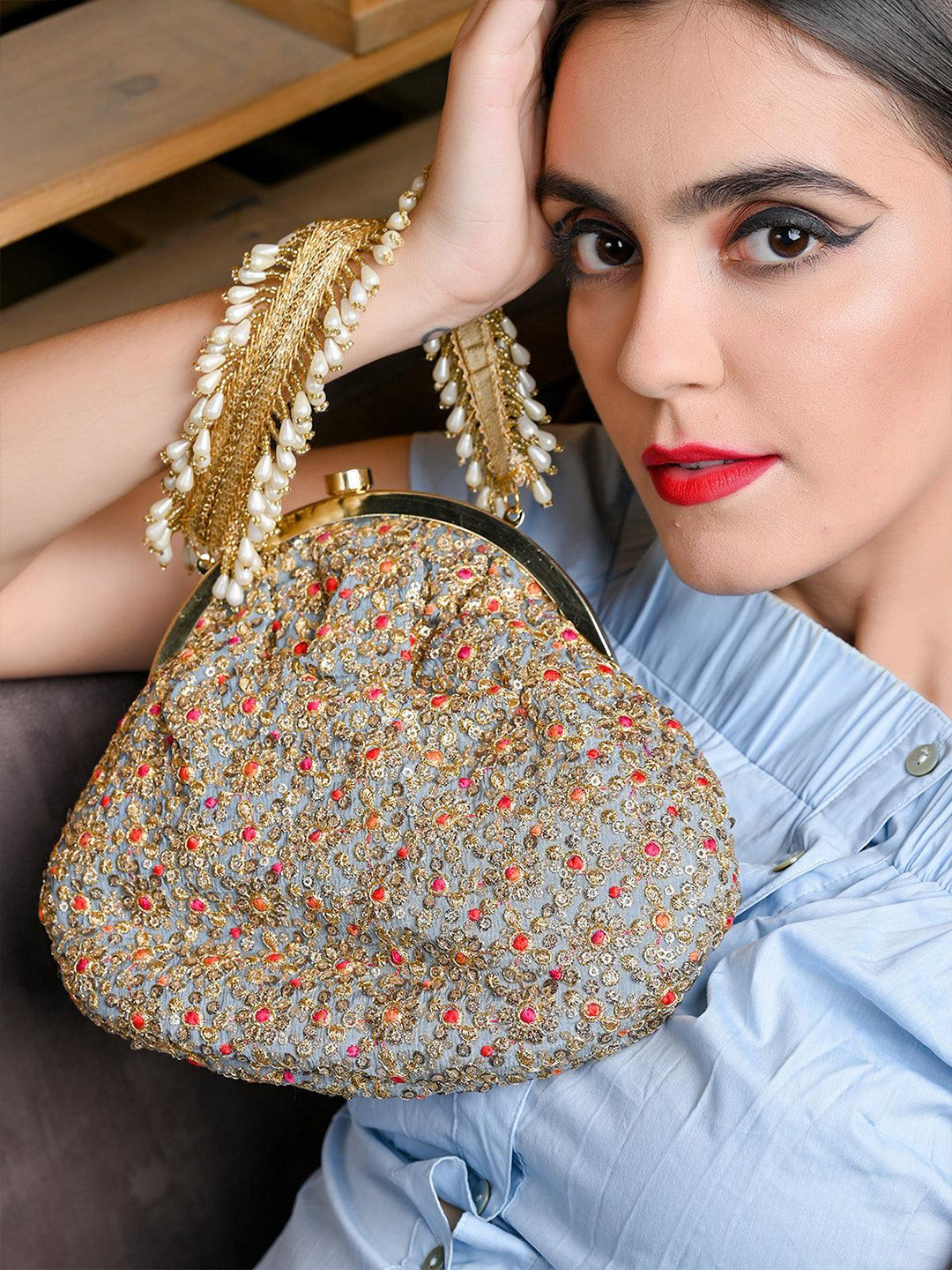 

ODETTE Embellished Half Moon Clutch, Grey
