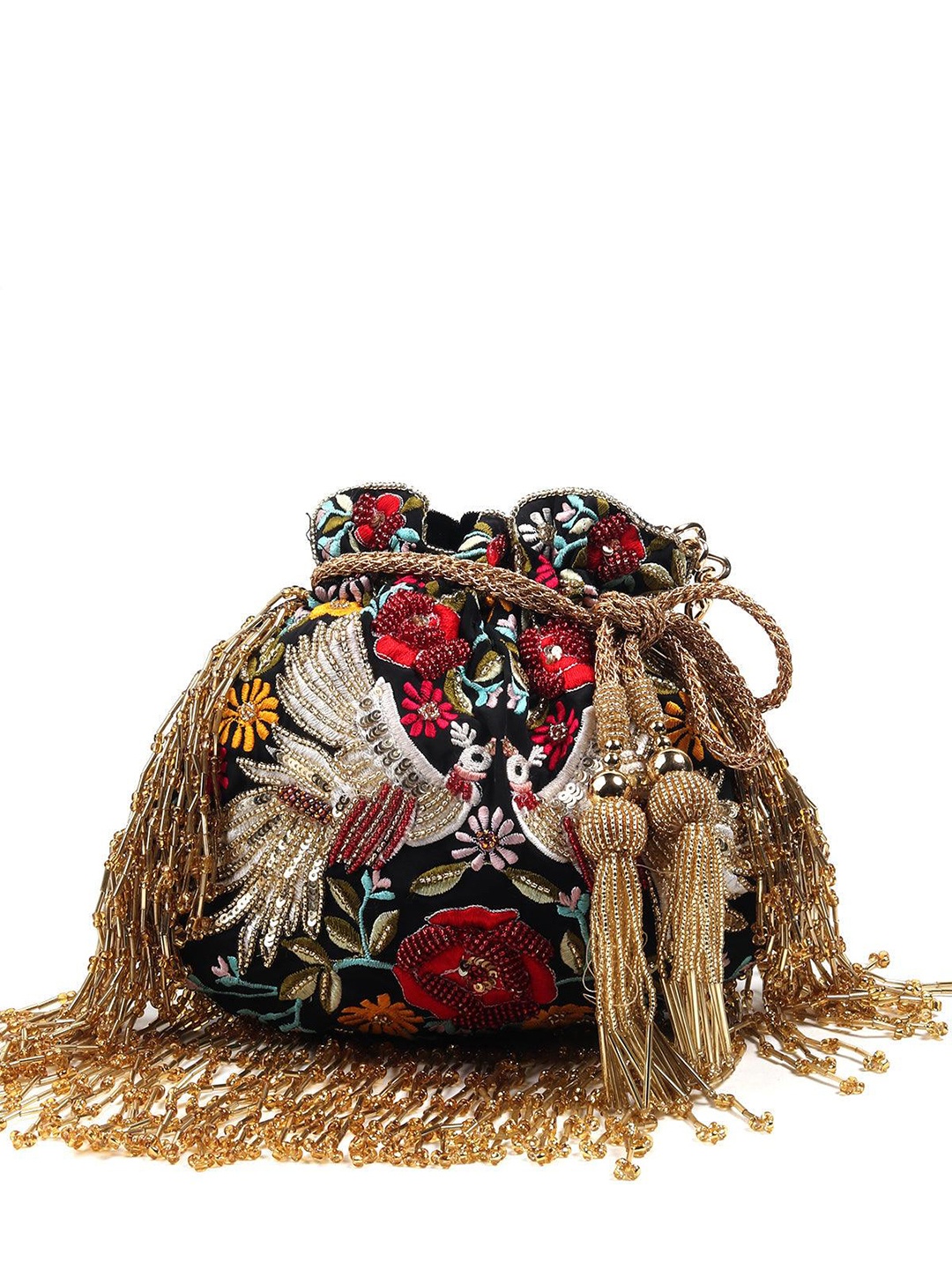 

ODETTE Embellished Embroidered Potli Clutch With Wrist Loop, Black