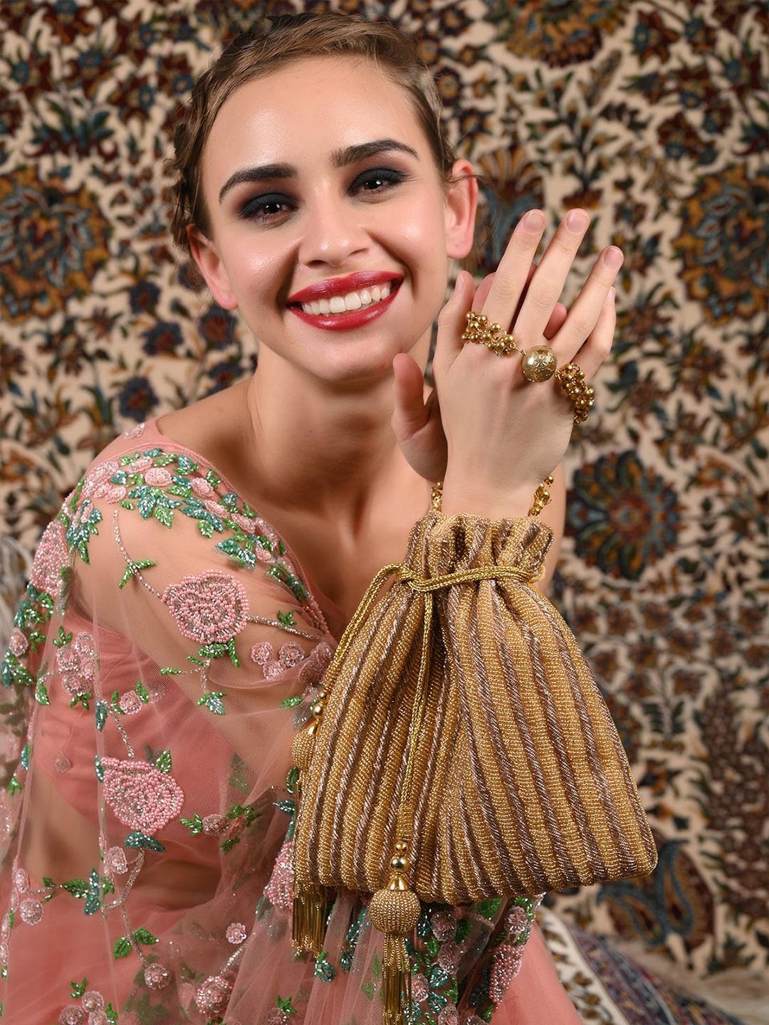 

ODETTE Embellished Potli Clutch, Gold