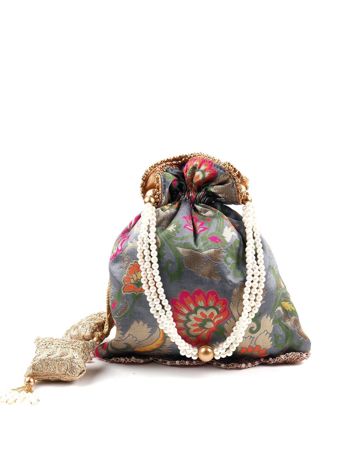 

ODETTE Embellished Potli Clutch With Wrist Loop, Grey
