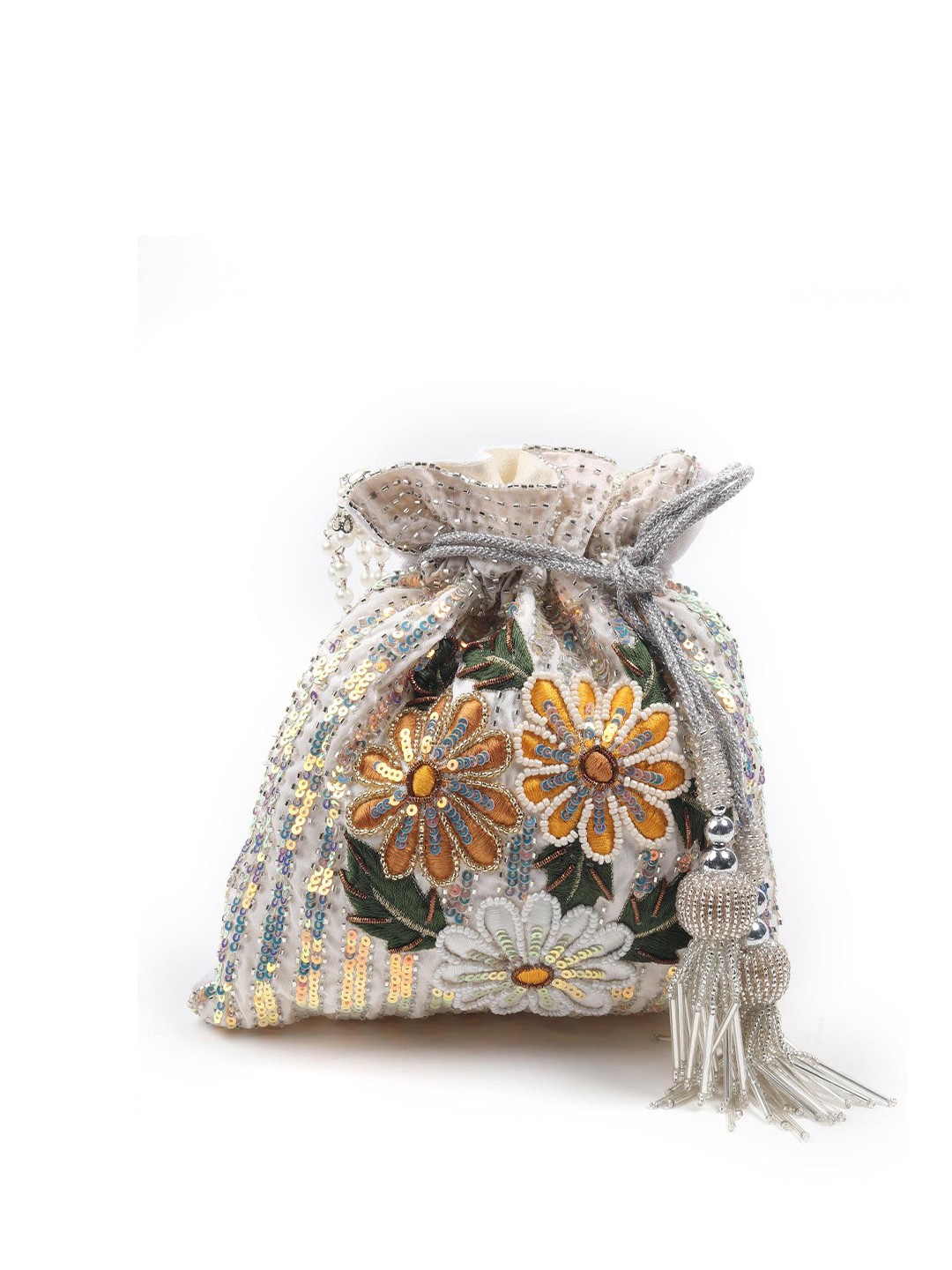 

ODETTE Embellished Potli Clutch With Wrist Loop, White