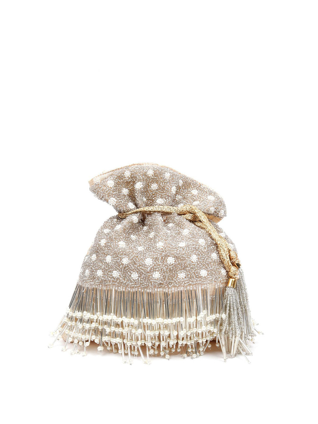 

ODETTE Embellished Potli Clutch With Wrist Loop, Beige