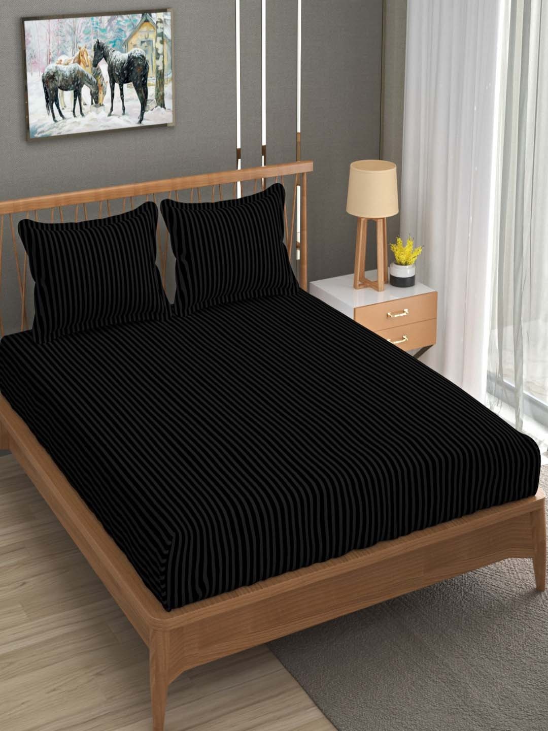 

Homefab India Black & Yellow Striped 180 TC 2 Queen Bedsheet with 4 Pillow Covers