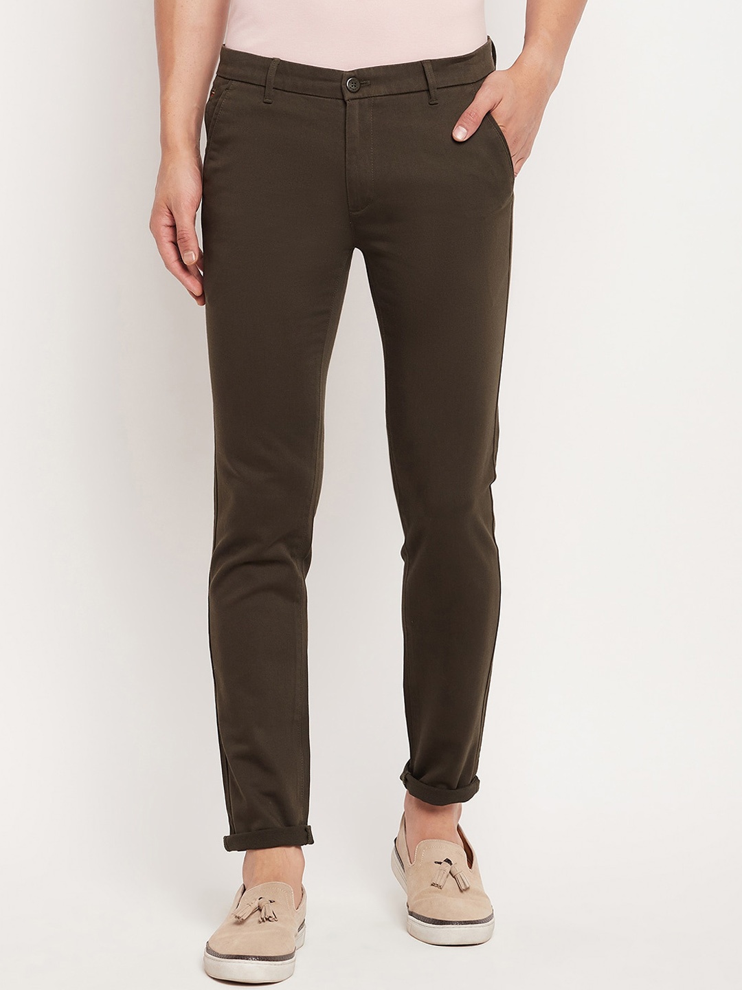 

CAMLA Men Mid-Rise Cotton Regular Trousers, Olive