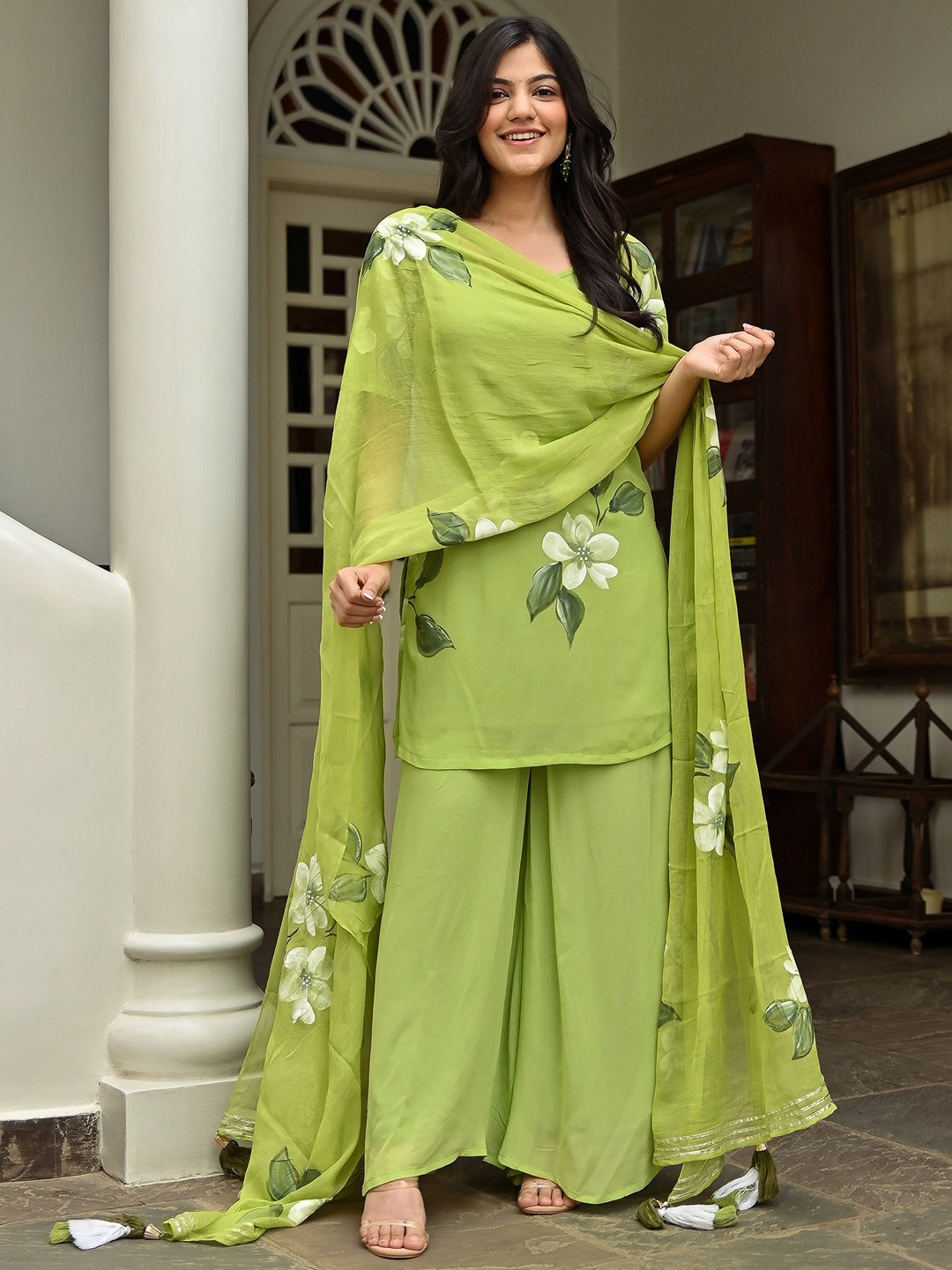 

Lavanya The Label Floral Printed Regular Kurta With Sharara & With Dupatta, Green