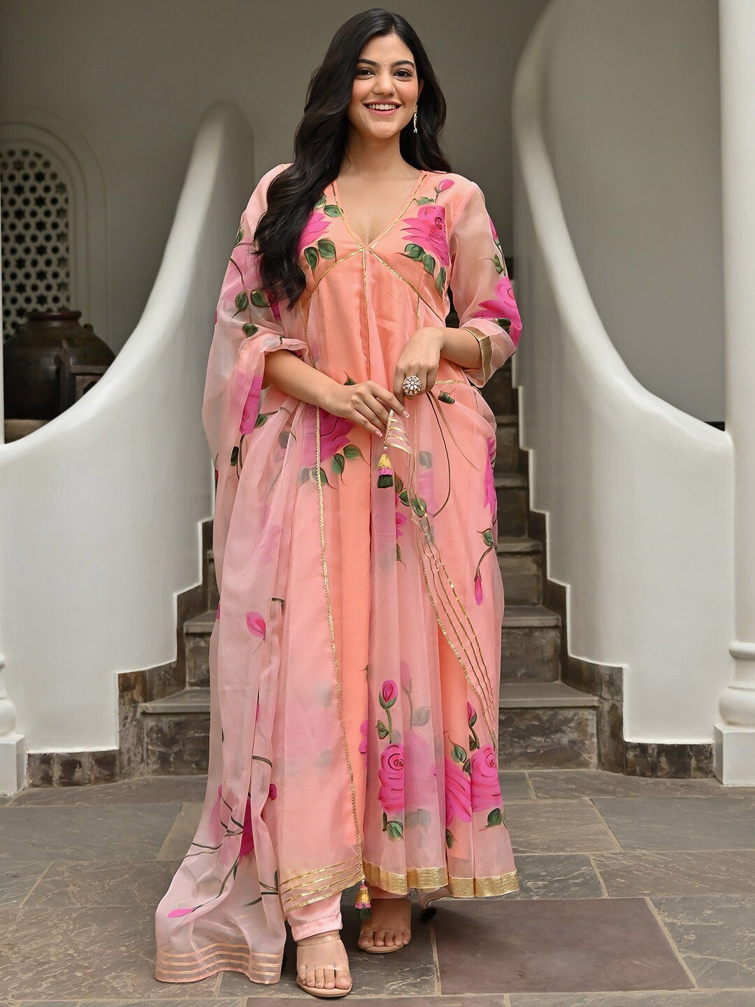 

Lavanya The Label Floral Printed V-Neck Empire Gotta Patti Kurti With Pyjamas & Dupatta, Peach