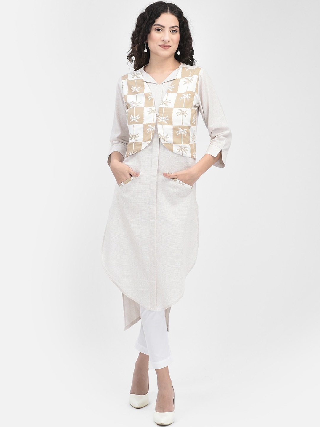 

Ojjasvi Checked Cotton High-Low Hem Kurta, Beige