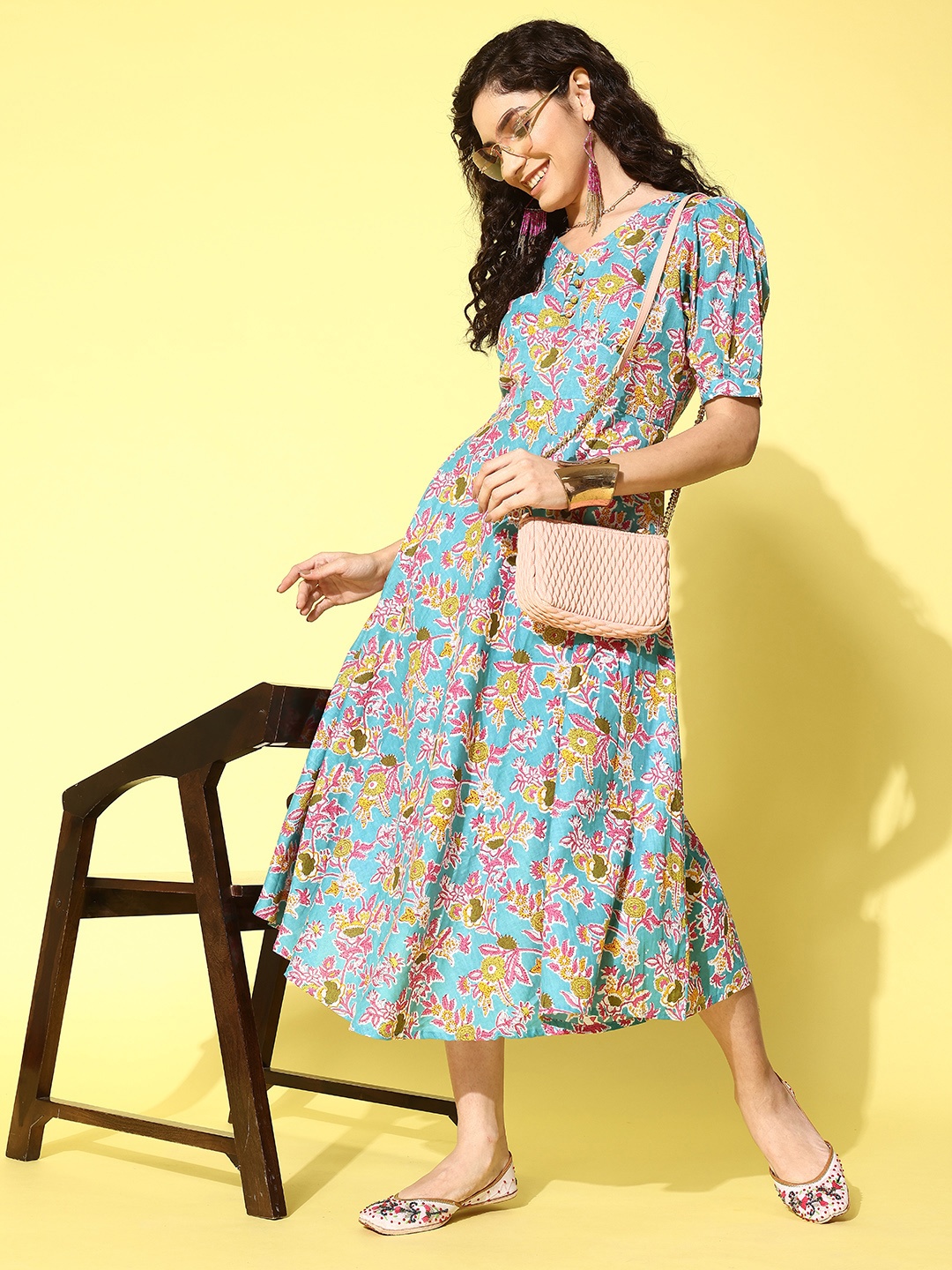 

Yufta Ethnic Motifs Print A-Line Midi Dress, Blue