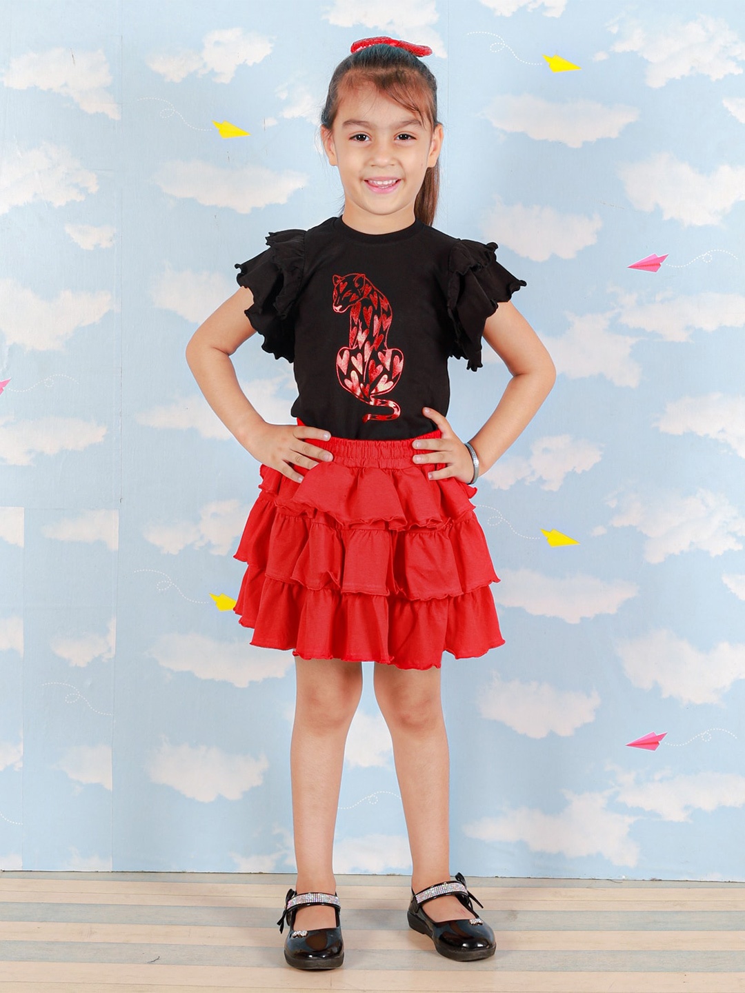 

The Mom Store Girls Graphic Printed Pure Cotton Top with Skirt, Black