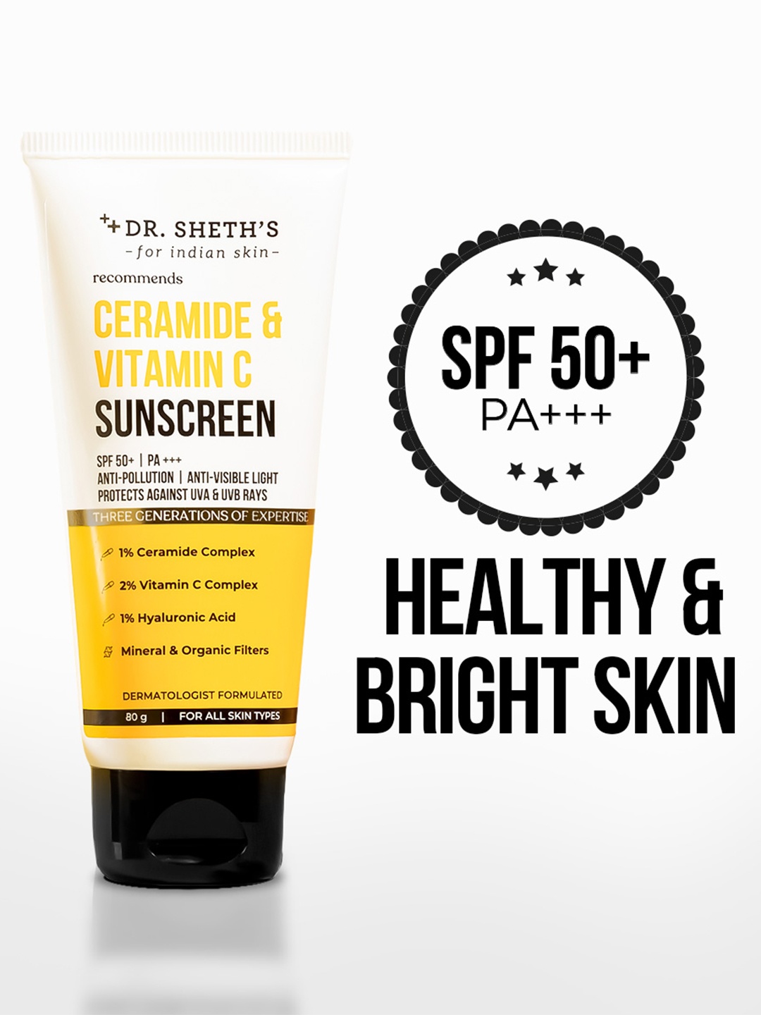 

DR. SHETHS Ceramide & Vitamin C Sunscreen SPF 50+ PA+++- 80g, White