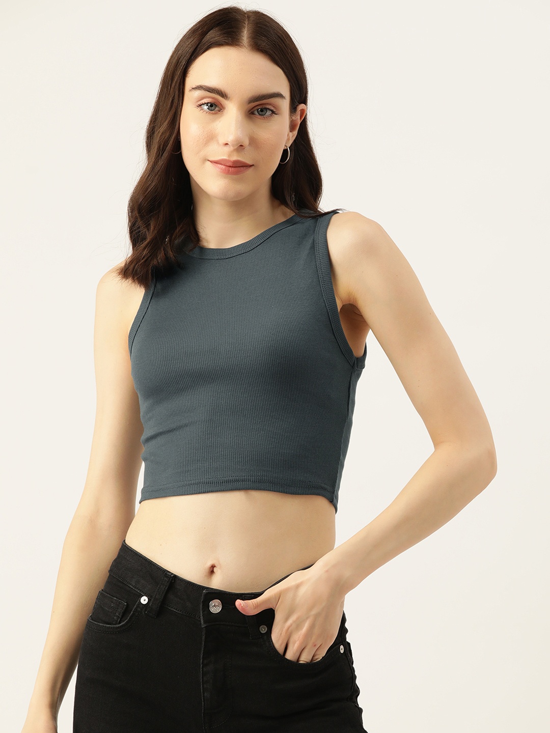 

Malachi Women Solid Fitted Ribbed Cotton Crop Top, Charcoal