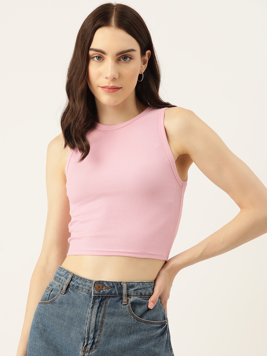 

Malachi Women Solid Fitted Ribbed Cotton Crop Top, Pink