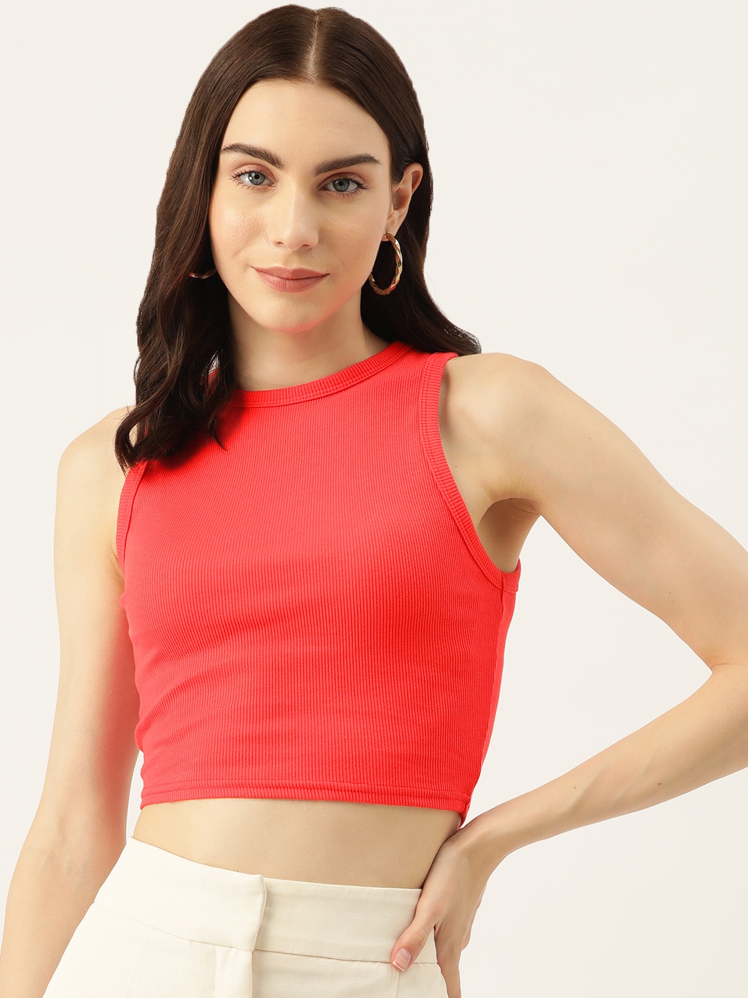 

Malachi Women Solid Fitted Ribbed Cotton Crop Top, Red