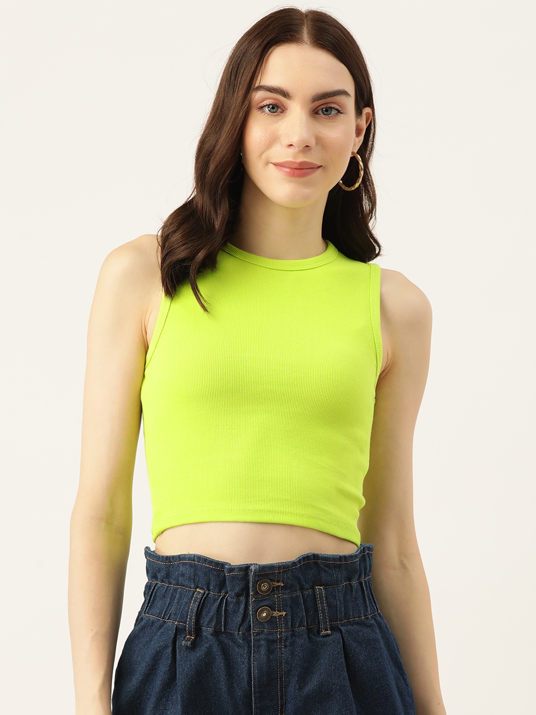 

Malachi Women Solid Fitted Ribbed Cotton Crop Top, Fluorescent green