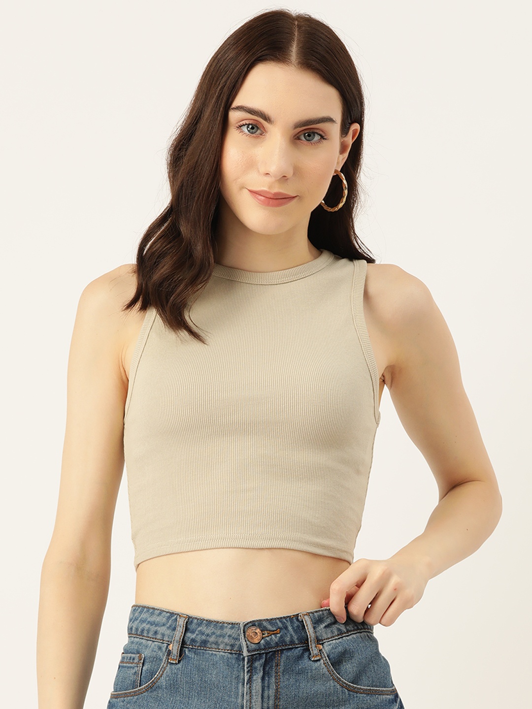 

Malachi Women Solid Fitted Ribbed Cotton Crop Top, Beige