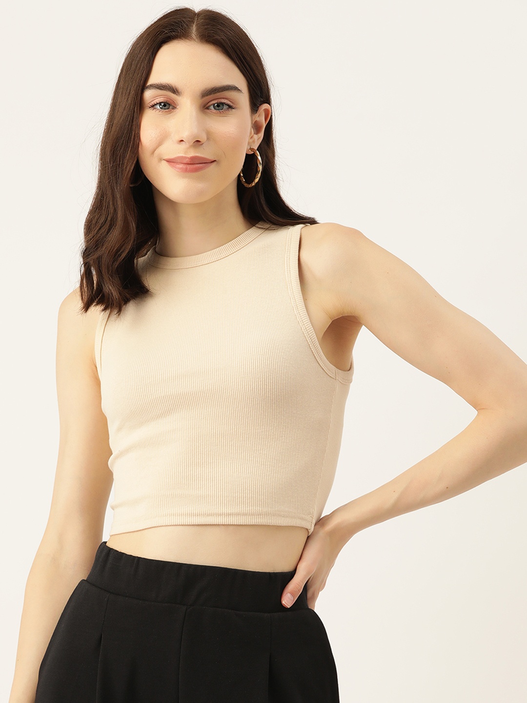 

Malachi Women Solid Fitted Ribbed Cotton Crop Top, Beige