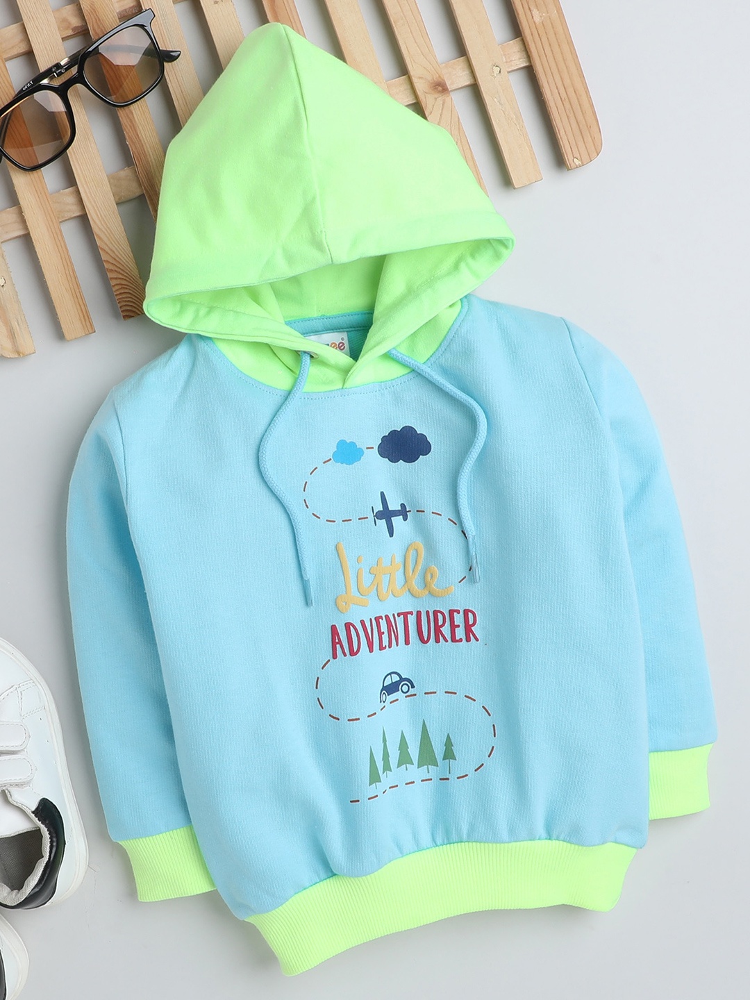 

BUMZEE Boys Graphic Printed Hooded Cotton Pullover, Blue