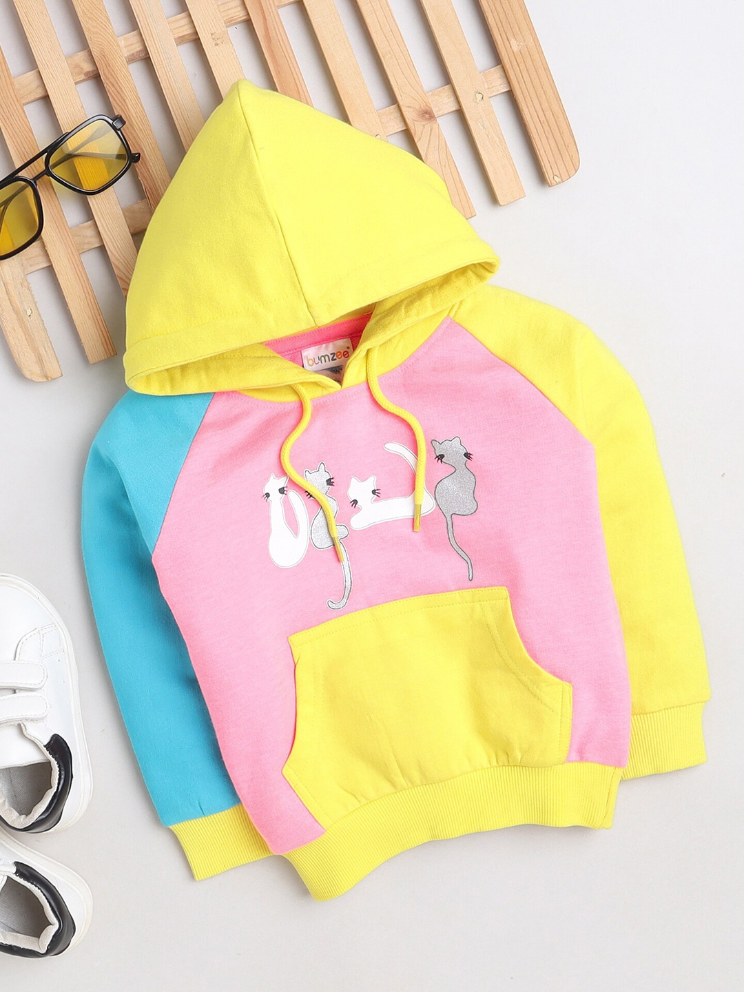 

BUMZEE Infants Girls Colourblocked Hooded Cotton Sweatshirt, Yellow