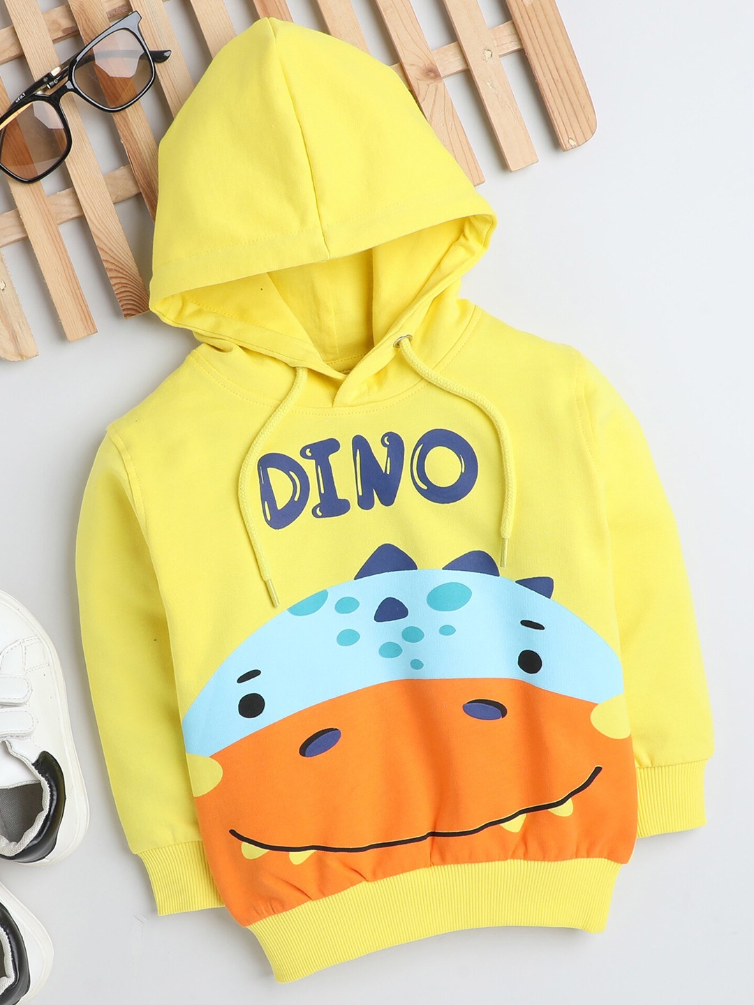 BUMZEE Boys Graphic Printed Hooded Cotton Sweatshirt, Yellow