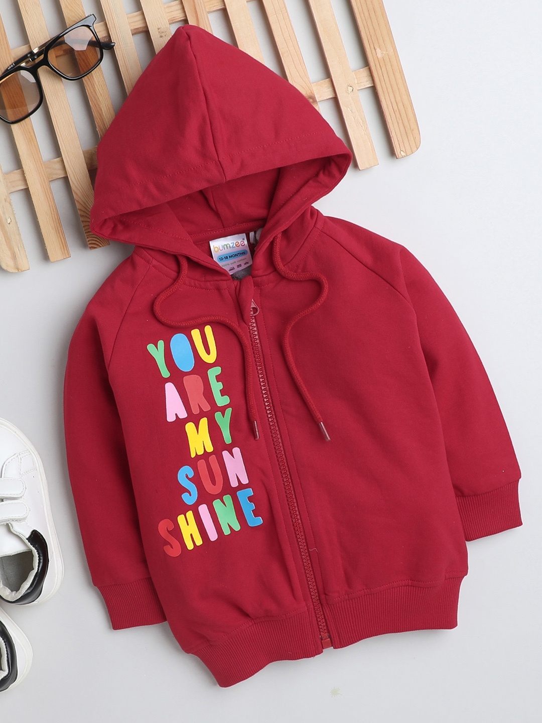 

BUMZEE Girls Typography Printed Hooded Cotton Sweatshirt, Red