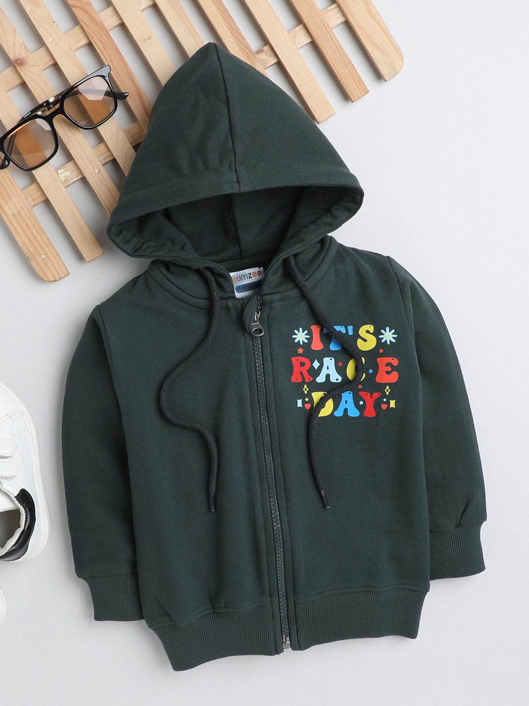 

BUMZEE Infants Boys Typography Printed Hooded Cotton Sweatshirt, Green