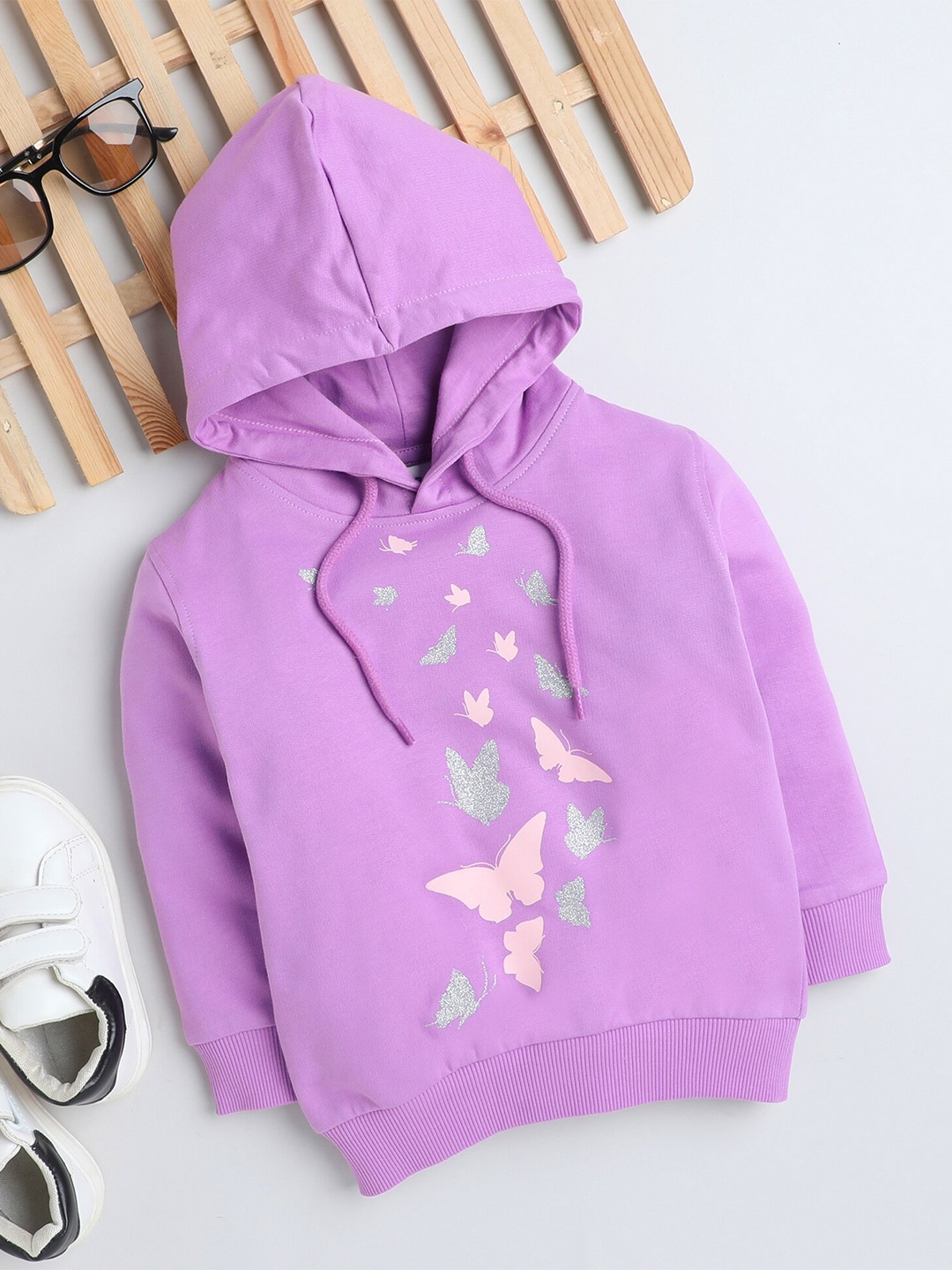 

BUMZEE Girls Graphic Printed Hooded Cotton Sweatshirt, Purple