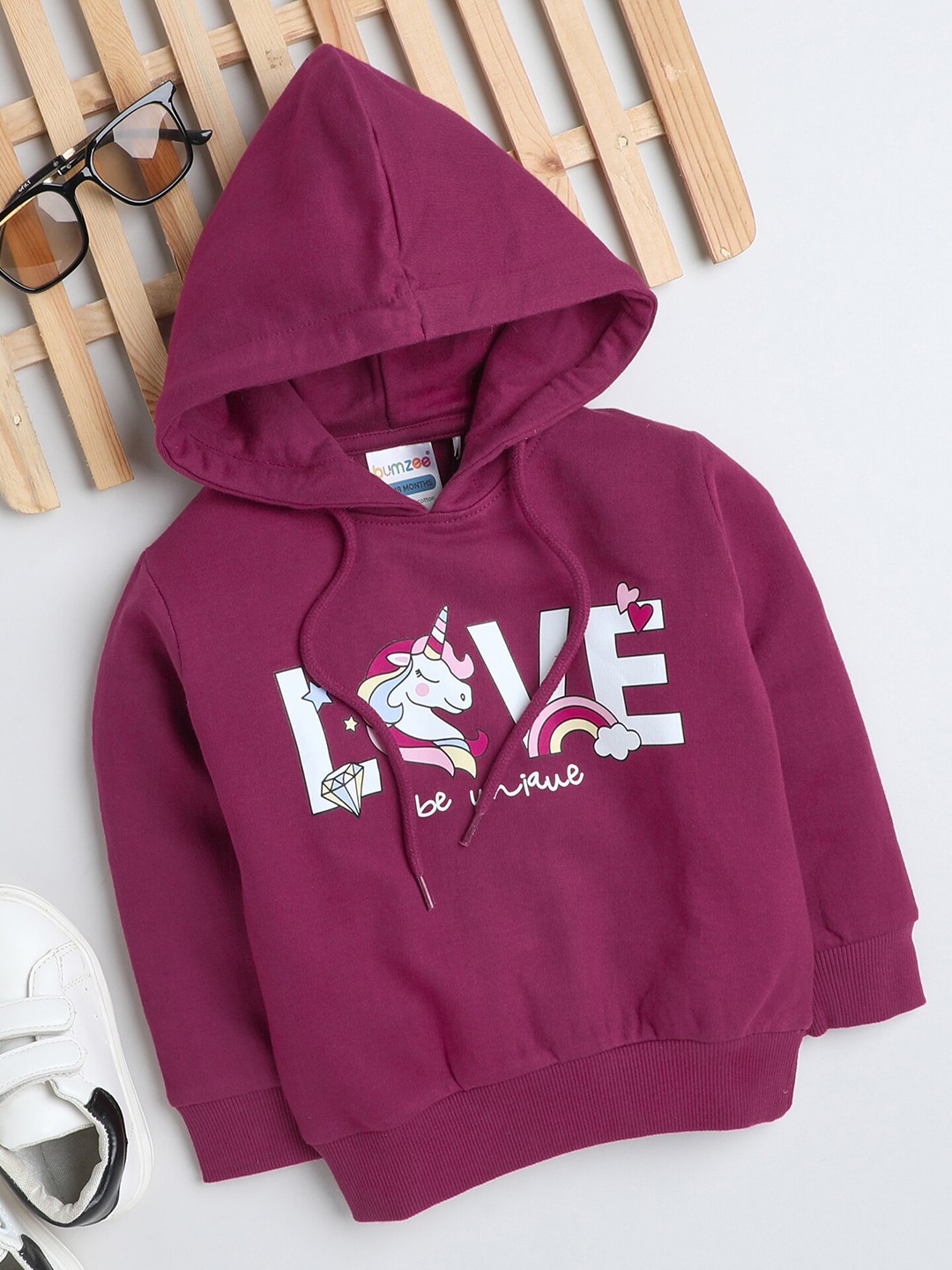 

BUMZEE Girls Typography Printed Hooded Cotton Sweatshirt, Magenta