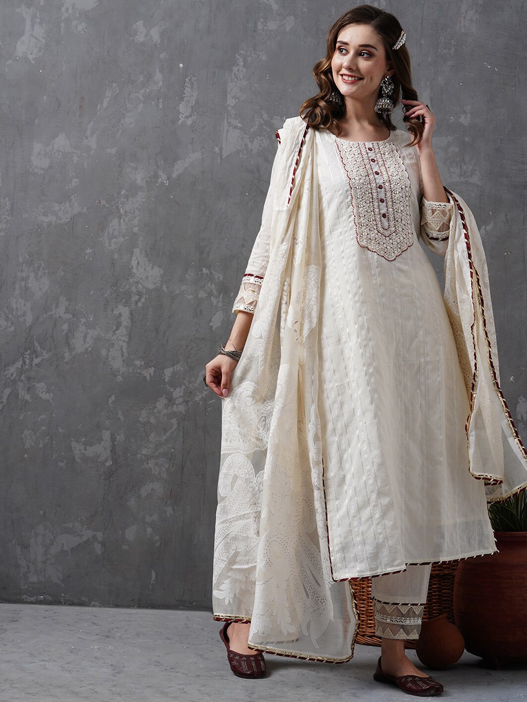 

FASHOR Woven Design Thread Work Pure Cotton Kurta With Trousers & Dupatta, Off white