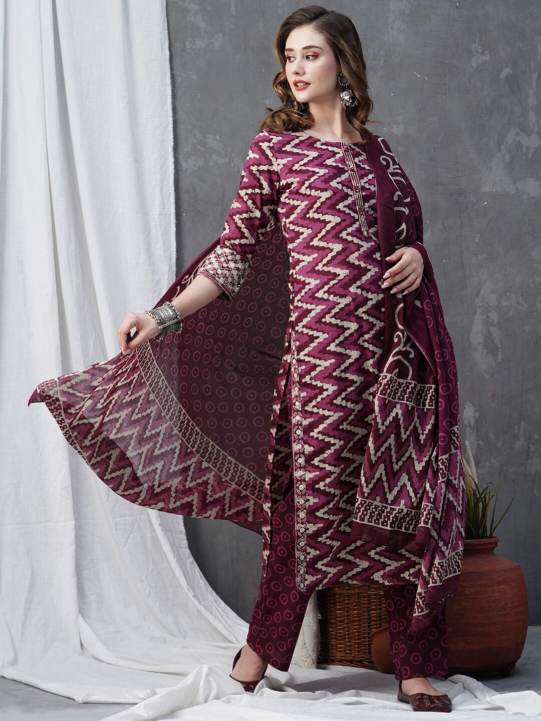 FASHOR Printed Regular Pure Cotton Kurta With Trousers & Dupatta, Mauve