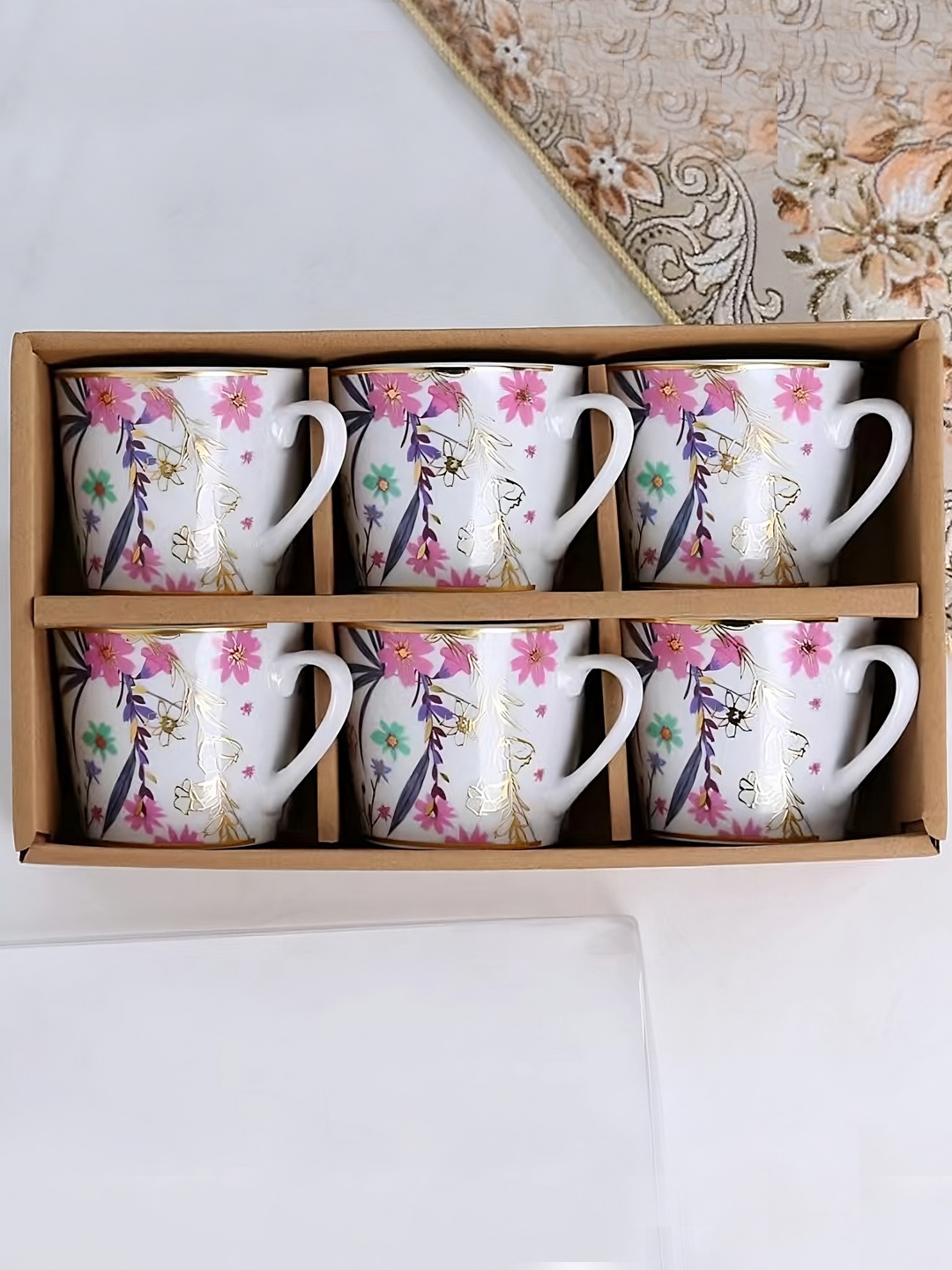 

BonZeaL White & Pink 6 Pieces Floral Printed Ceramic Glossy Cups 170 ml Each