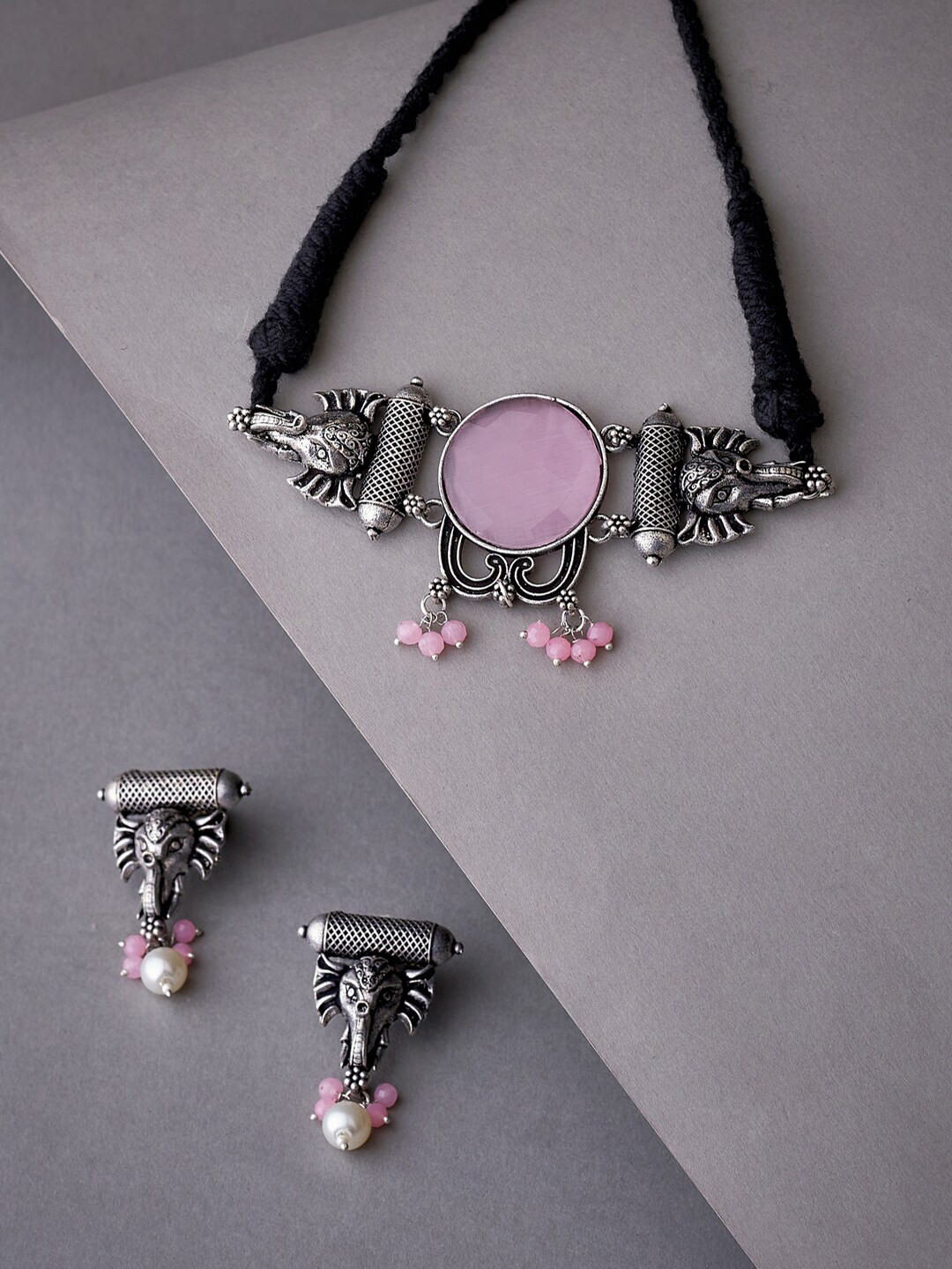 

ATIBELLE Silver-Plated Stone-Studded & Beaded Jewellery Set