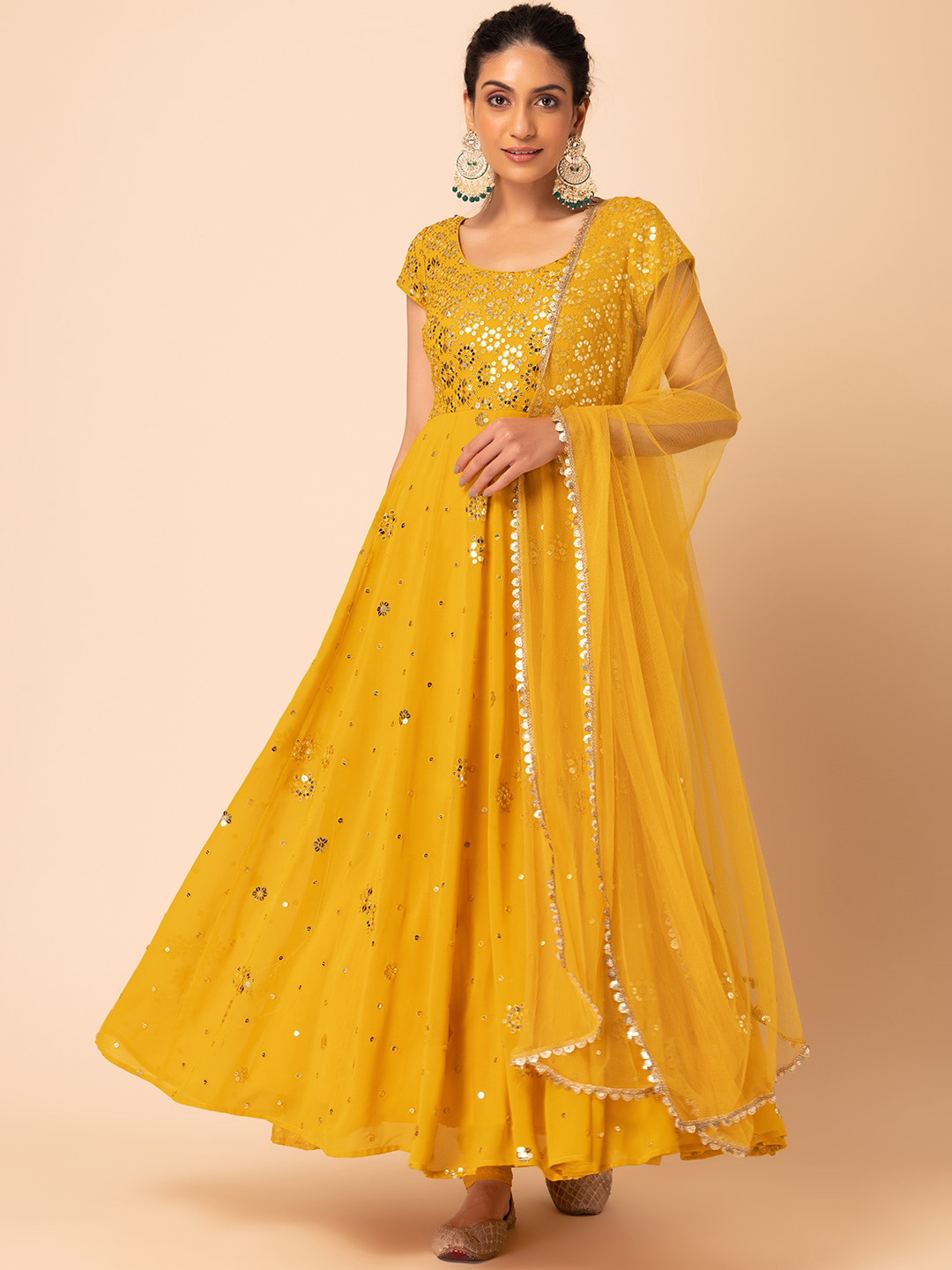 

Indya Luxe Embroidered Empire Mirror Work Kurta With Churidar & Dupatta, Yellow