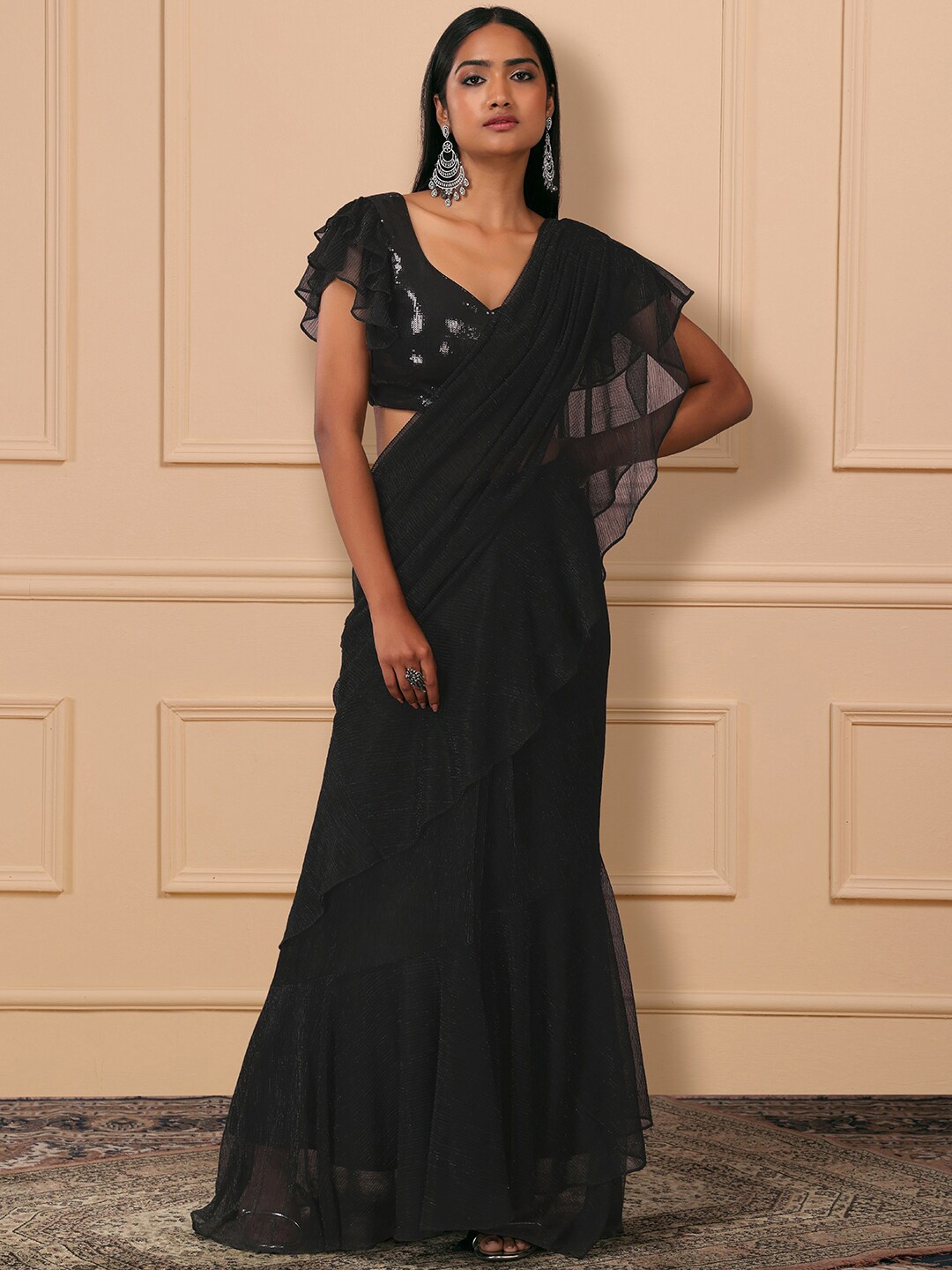 

Indya Luxe Ruffled Detail Ready To Wear Saree, Black