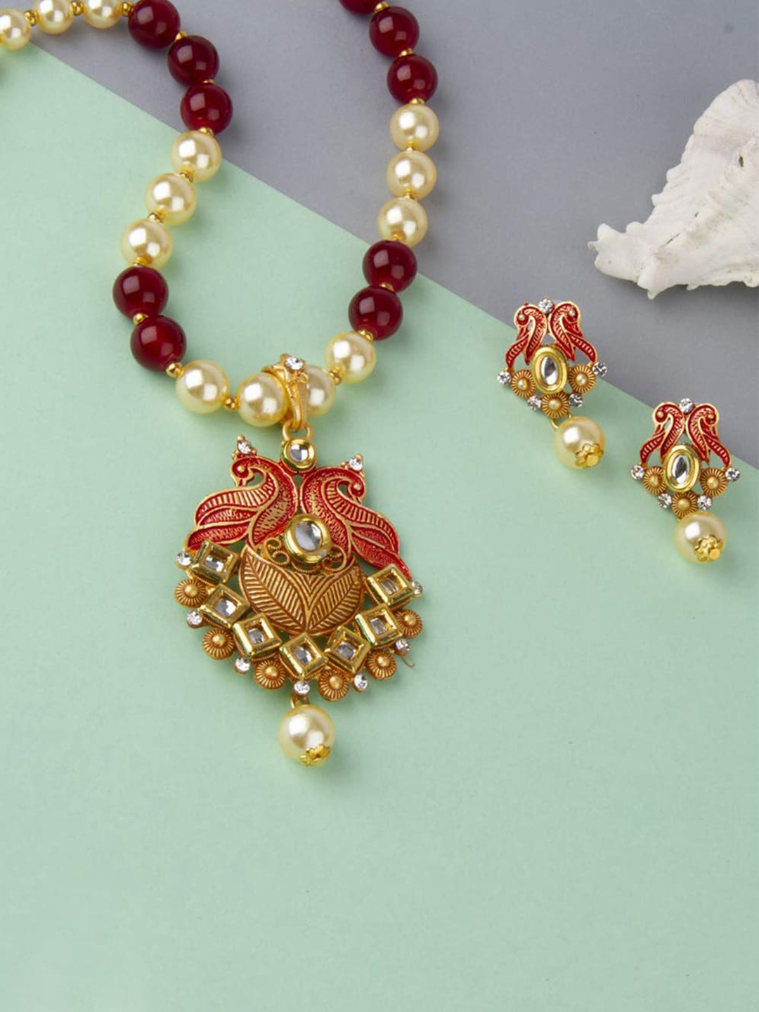 

Yellow Chimes Peacock Design Kundan Studded Jewellery set, Red