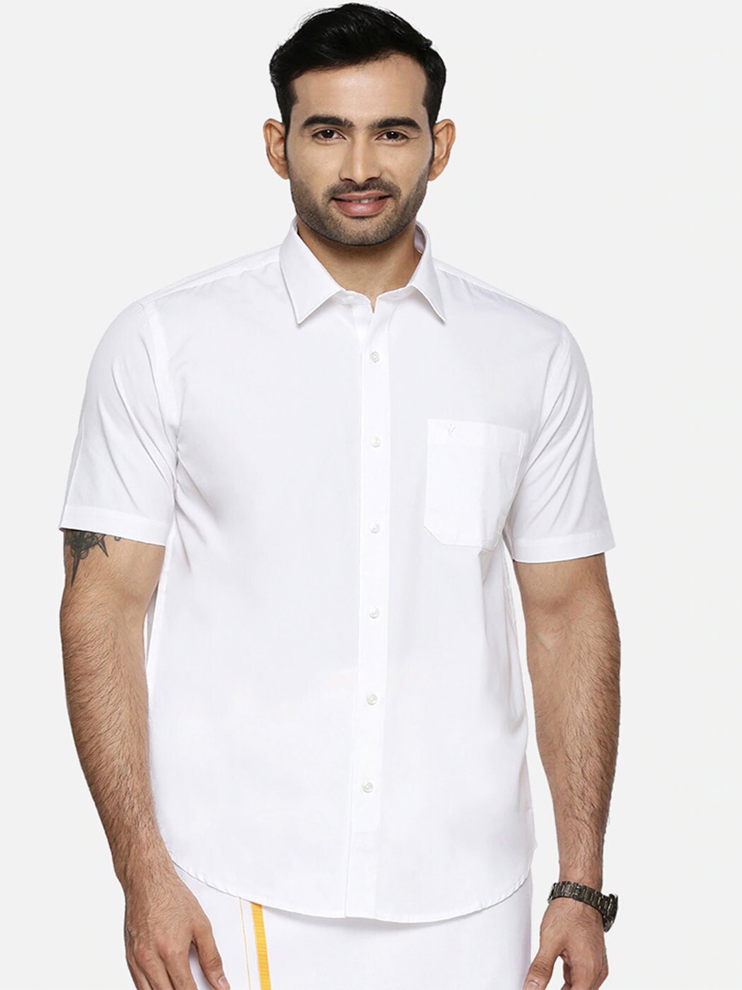 

Ramraj Men Spread Collar Regular Fit Semi Sheer Cotton Casual Shirt, White