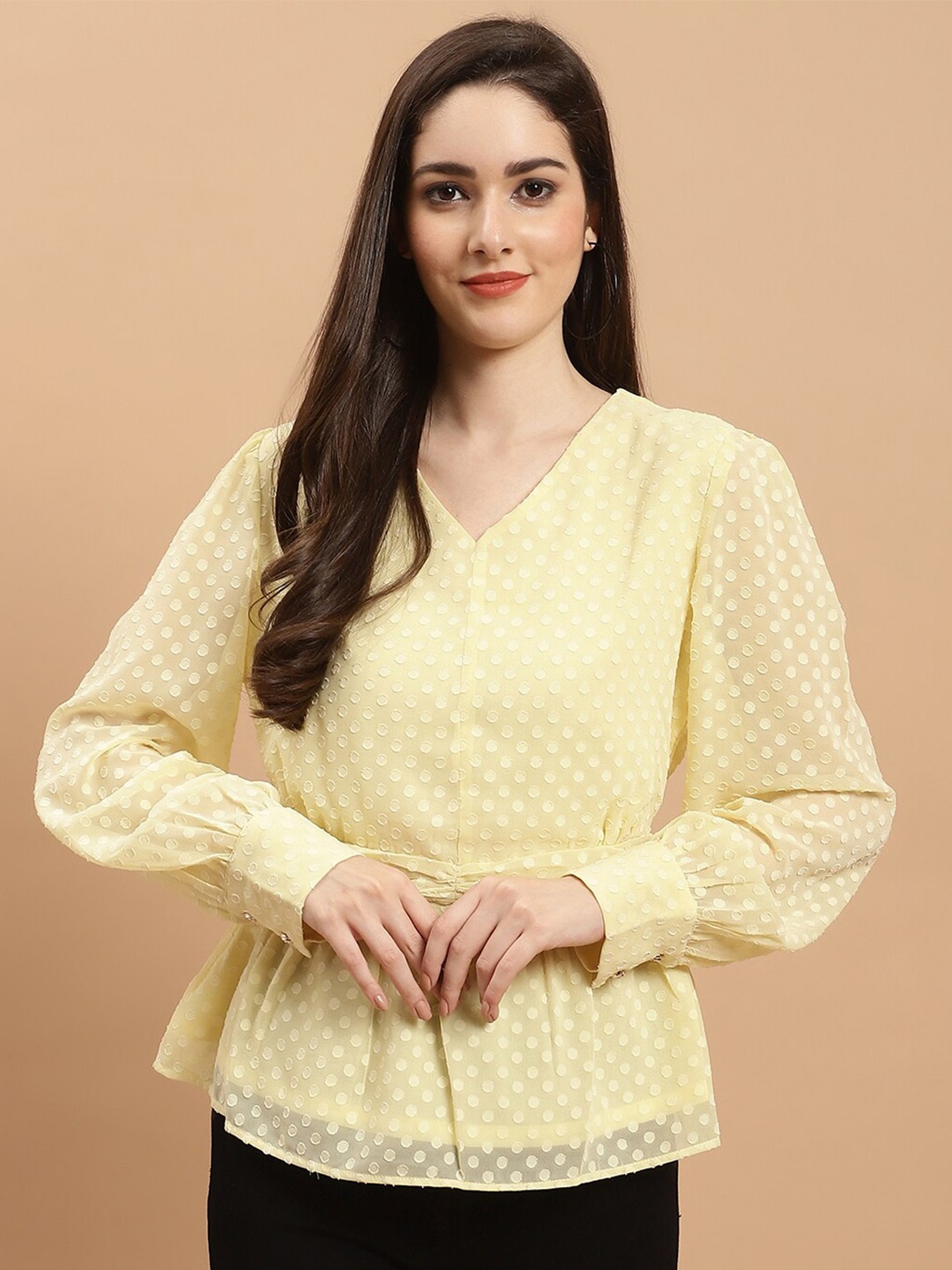 

Purple State V- Neck Self Design Smocked Cuffed Sleeves Regular Top, Yellow