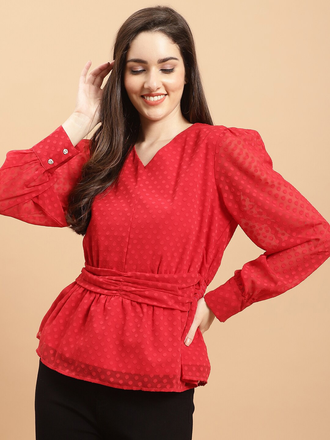 

Purple State Self Design V-Neck Puff Sleeves Regular Top, Red