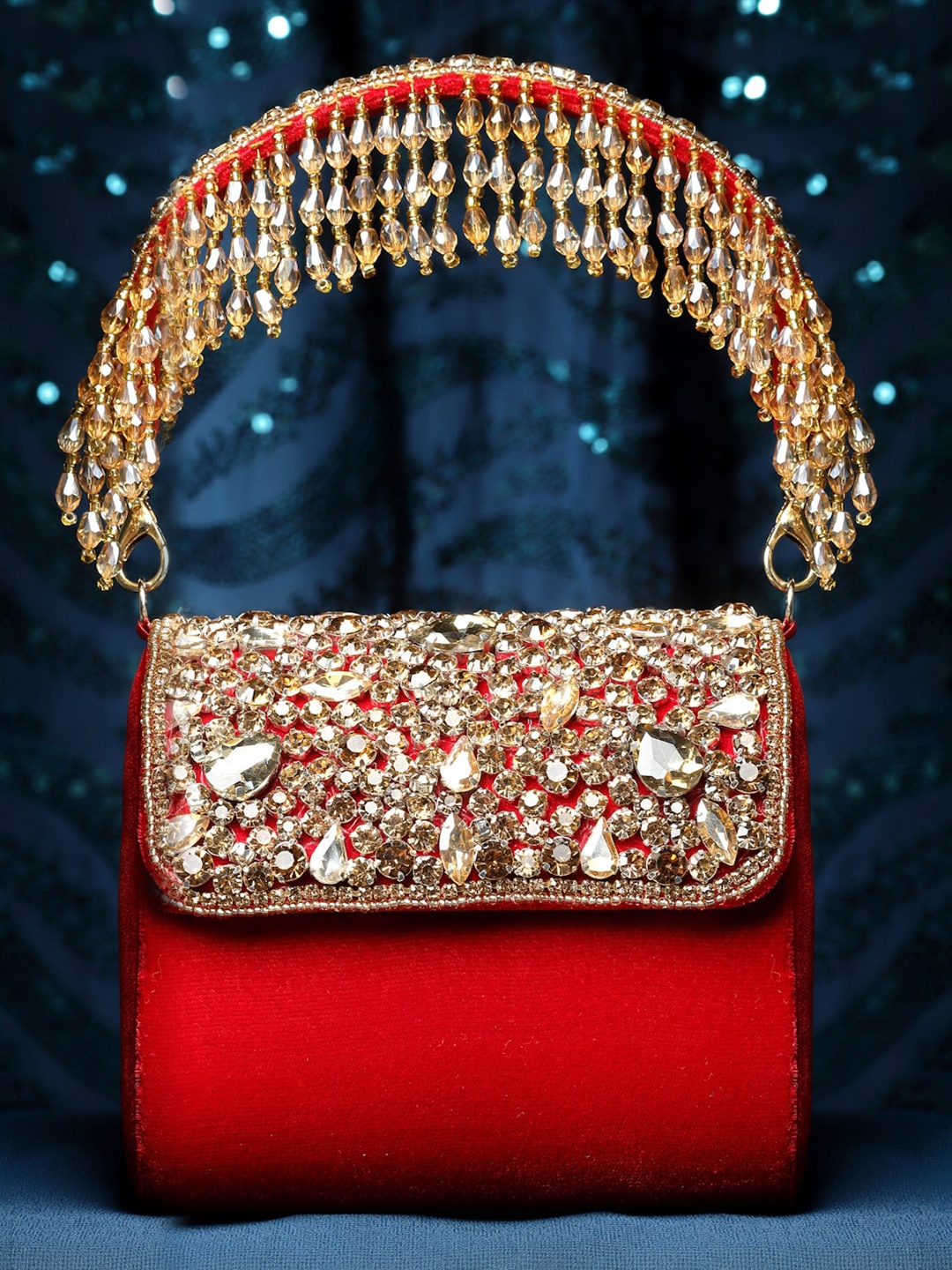 Anekaant Embellished Tasselled Box Clutch, Red