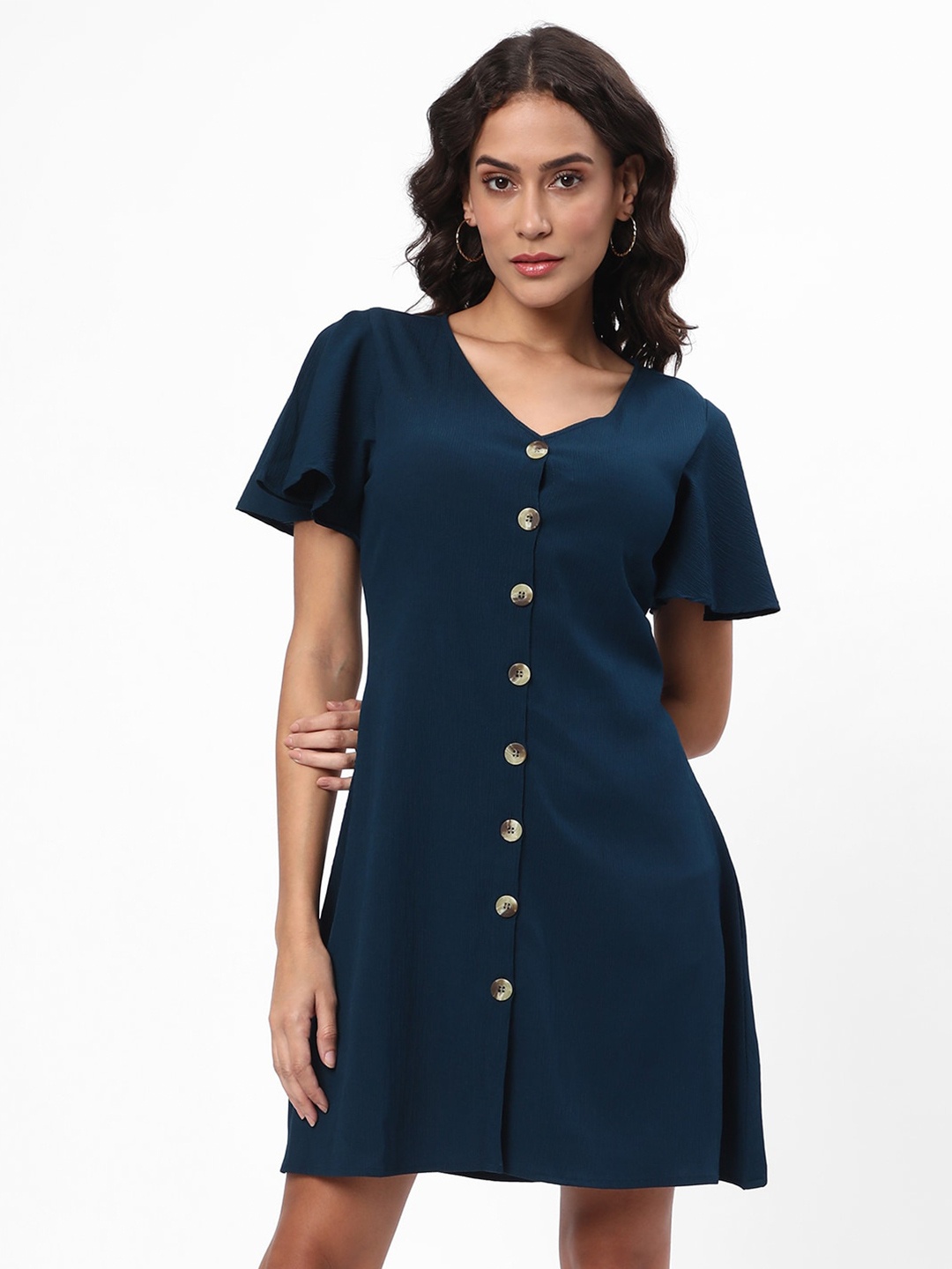 

R&B V-Neck Flared Sleeve A-Line Dress, Blue