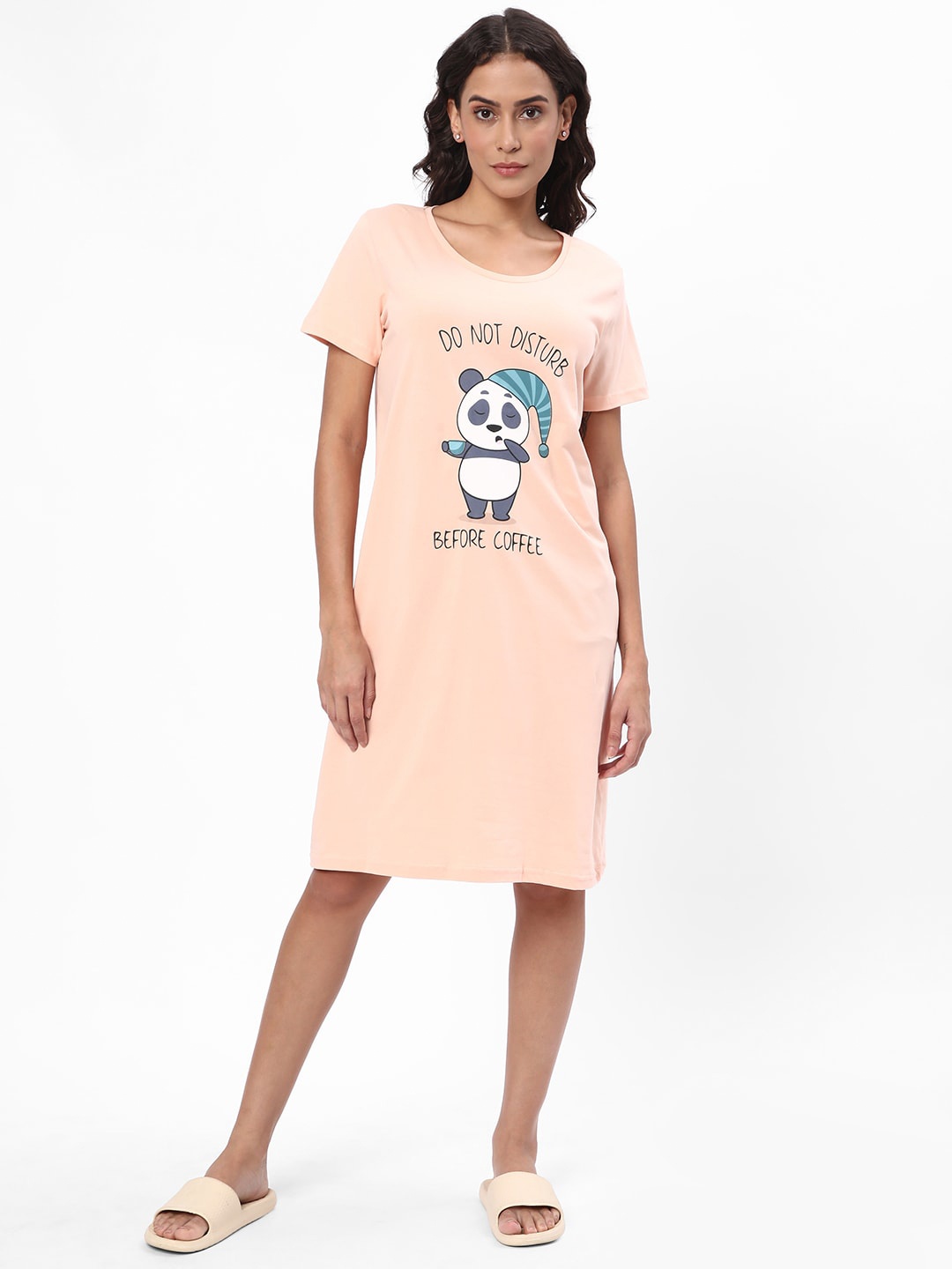 

R&B Graphic Printed Pure Cotton Nightdress, Peach