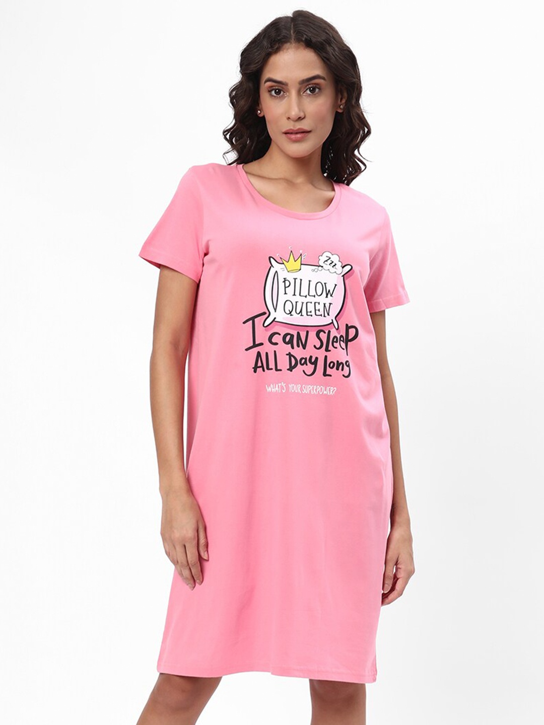 

R&B Graphic Printed Pure Cotton Nightdress, Pink