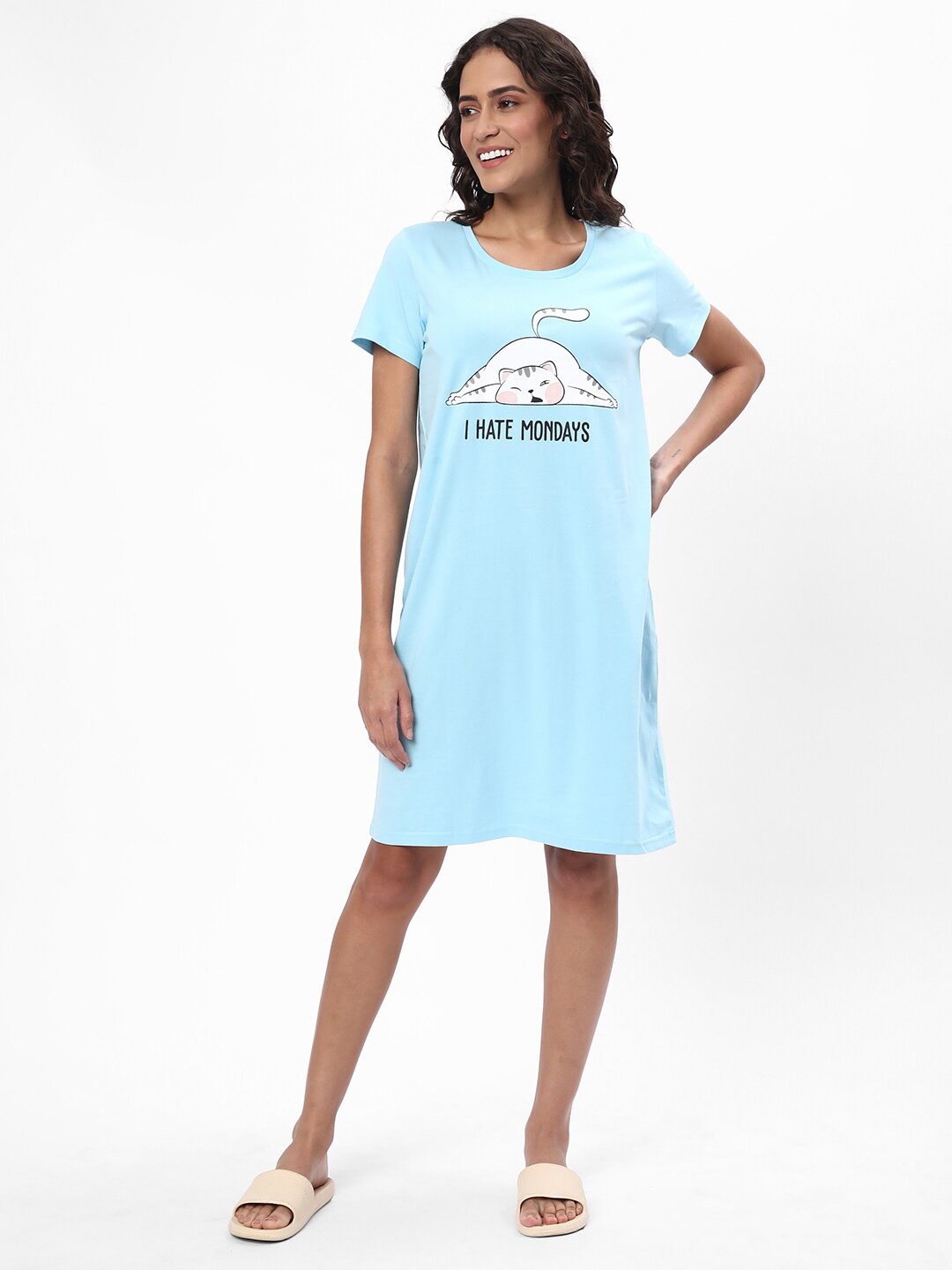 

R&B Graphic Printed Pure Cotton Nightdress, Blue